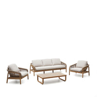 Set Vellana composto da divano 3 posti, 2 poltrone e tavolino realizzato in legno massello di acacia FSC 100%