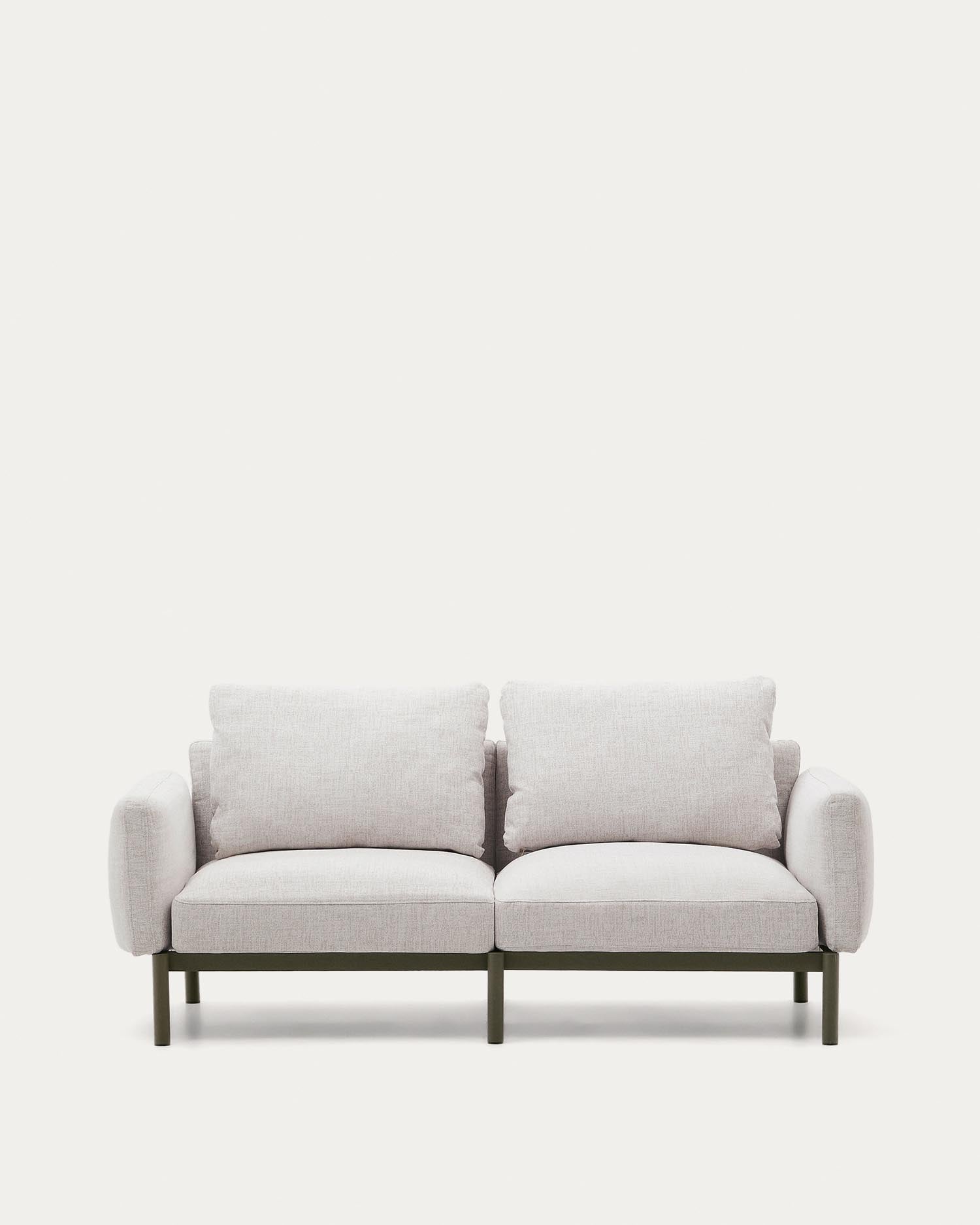 Modulares 2-Sitzer-Sofa Sorells von Kave Home: Hochwertiges, grünes Aluminium, wetterfeste Polster, ideal für elegante Outdoor-Lounges.