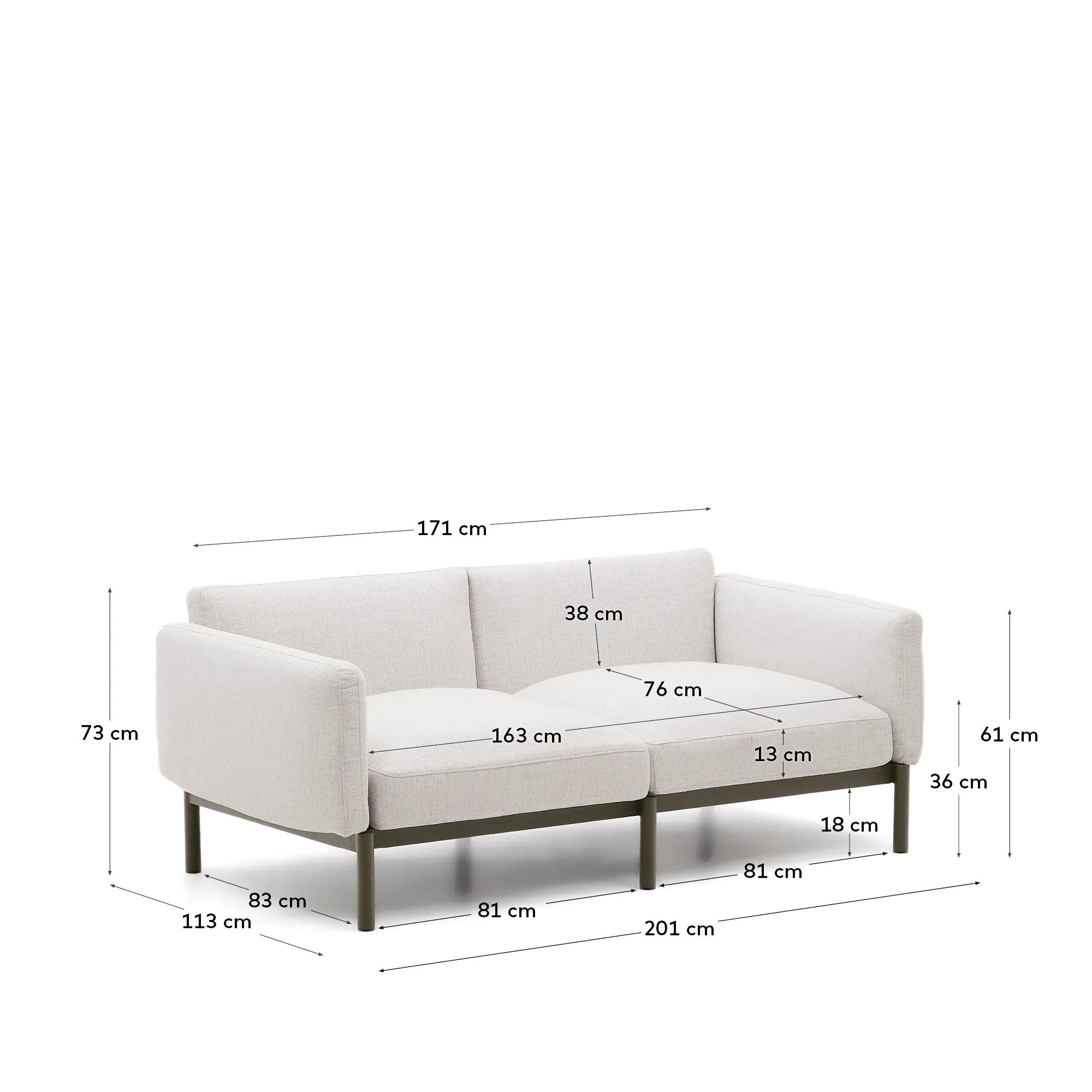 Elegantes, modulares 2-Sitzer-Sofa aus grünem Aluminium, ideal für stilvolle Outdoor-Lounges.