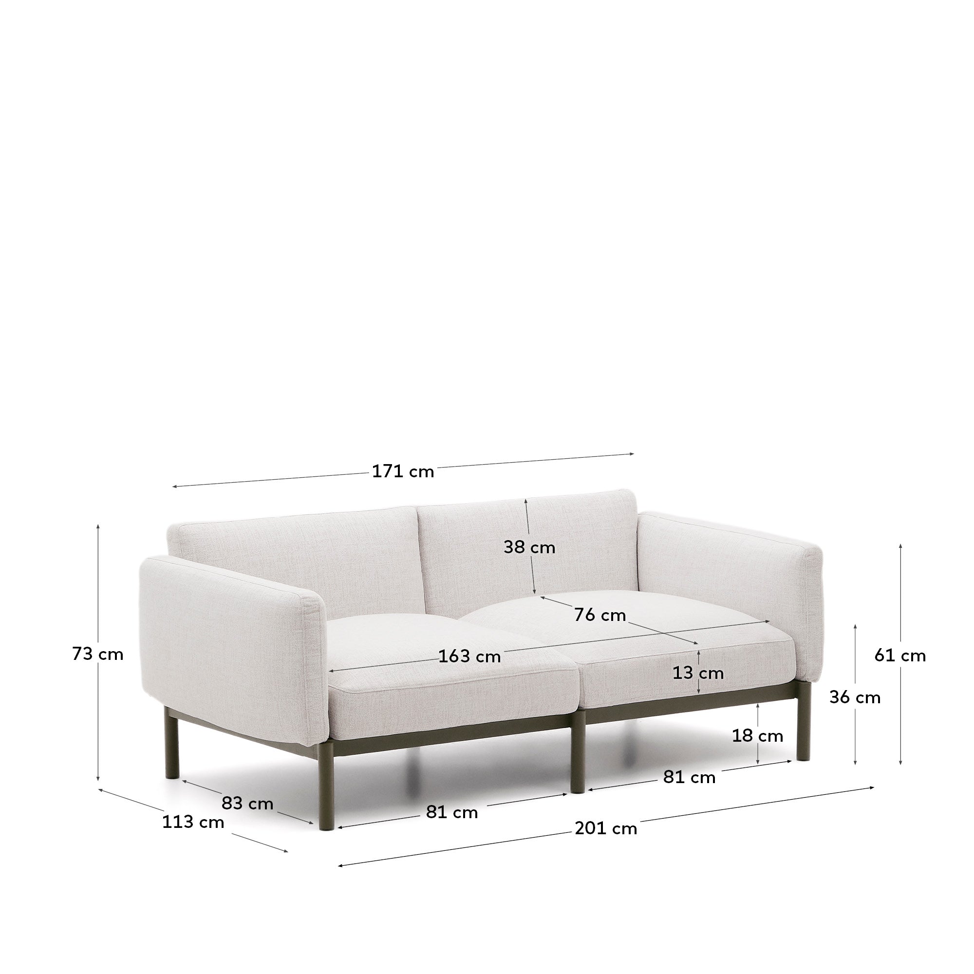 Gestalten Sie Ihre Terrasse stilvoll mit dem modularen 2-Sitzer-Sofa Sorells von Kave Home. Modernes Design, langlebiges Aluminium und wetterfeste Polster.