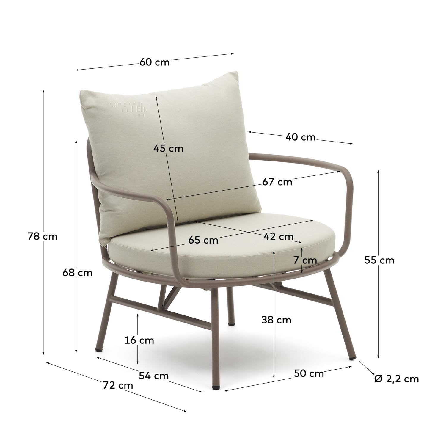 Der Bramant Sessel von Kave Home vereint elegantes Design und Funktionalität. Robuster Stahl in Helllila macht ihn zum idealen Outdoor-Möbel.