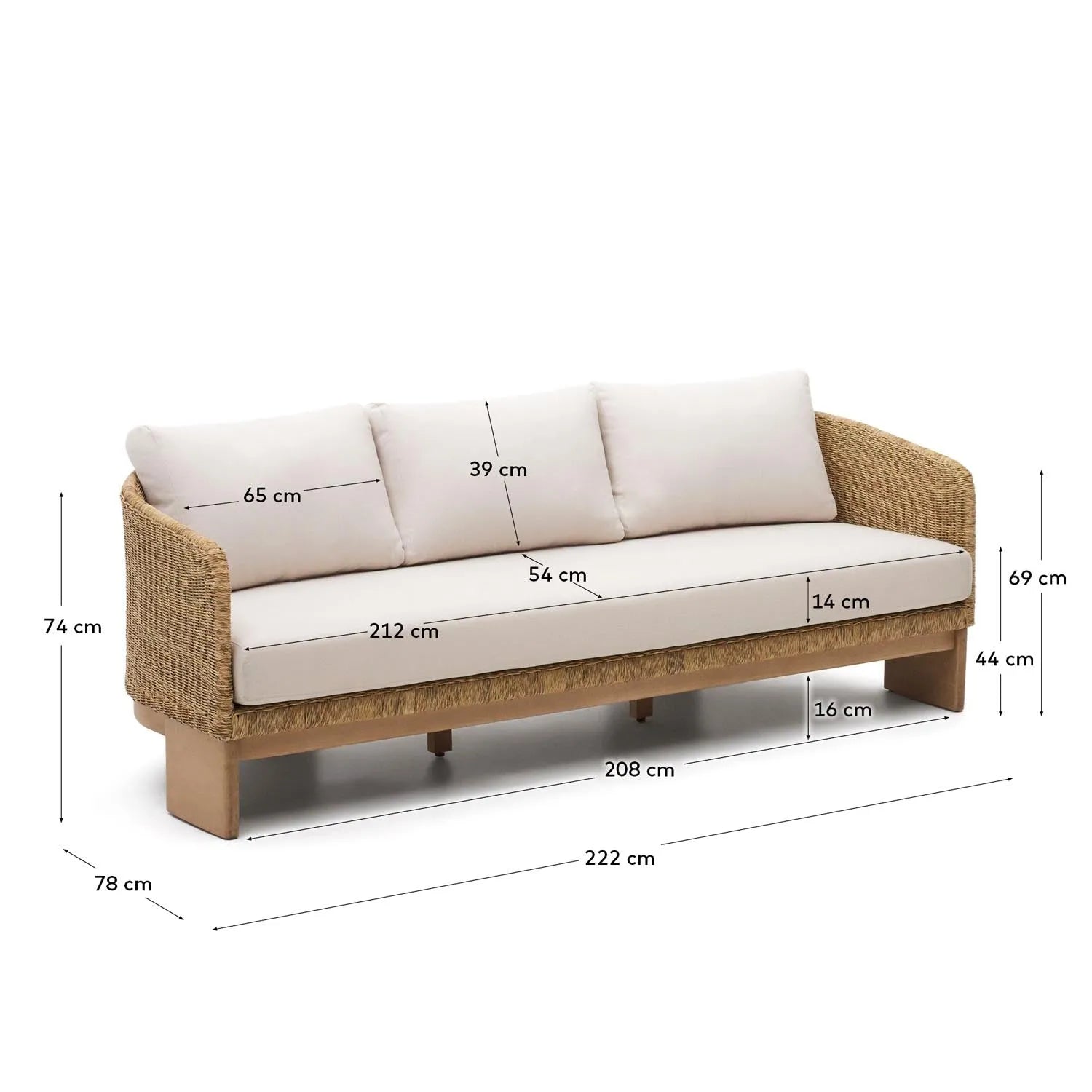 Elegantes 3-Sitzer-Sofa aus synthetischem Rattan und FSC-zertifiziertem Eukalyptusholz für stilvolle Entspannung.