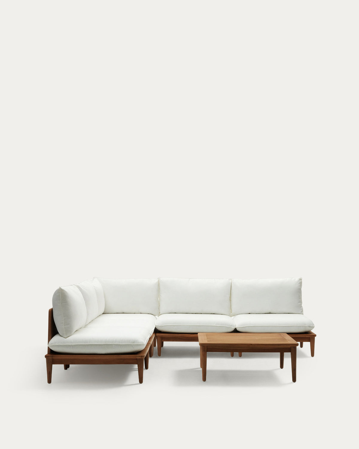 Portitxol modulares Set Ecksessel, 4 Sessel und Couchtisch aus massivem Teakholz in Weiss, Braun präsentiert im Onlineshop von KAQTU Design AG. Loungeset ist von Kave Home