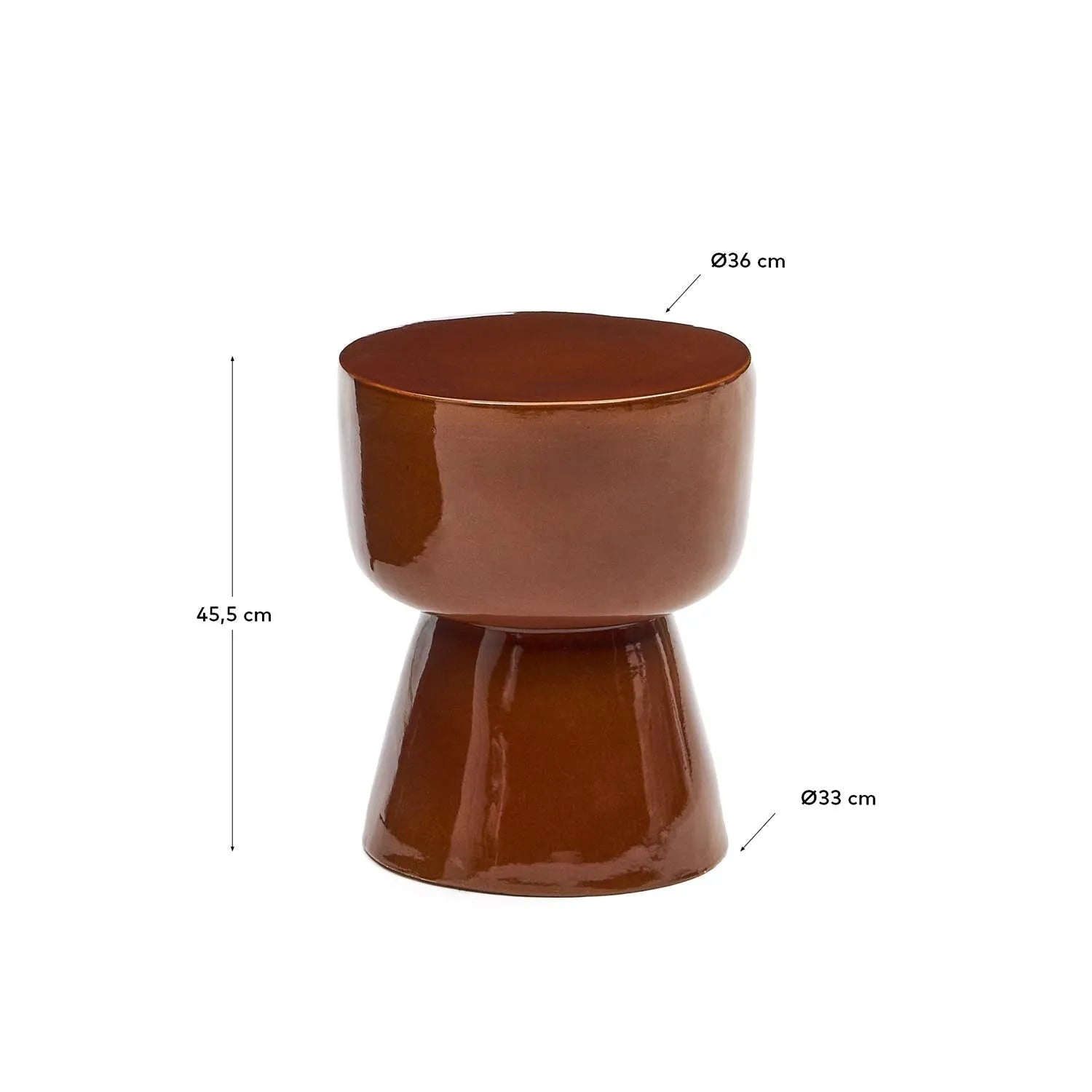 Eleganter Keramik-Beistelltisch mit Terrakotta-Glasur, Ø 35 cm.