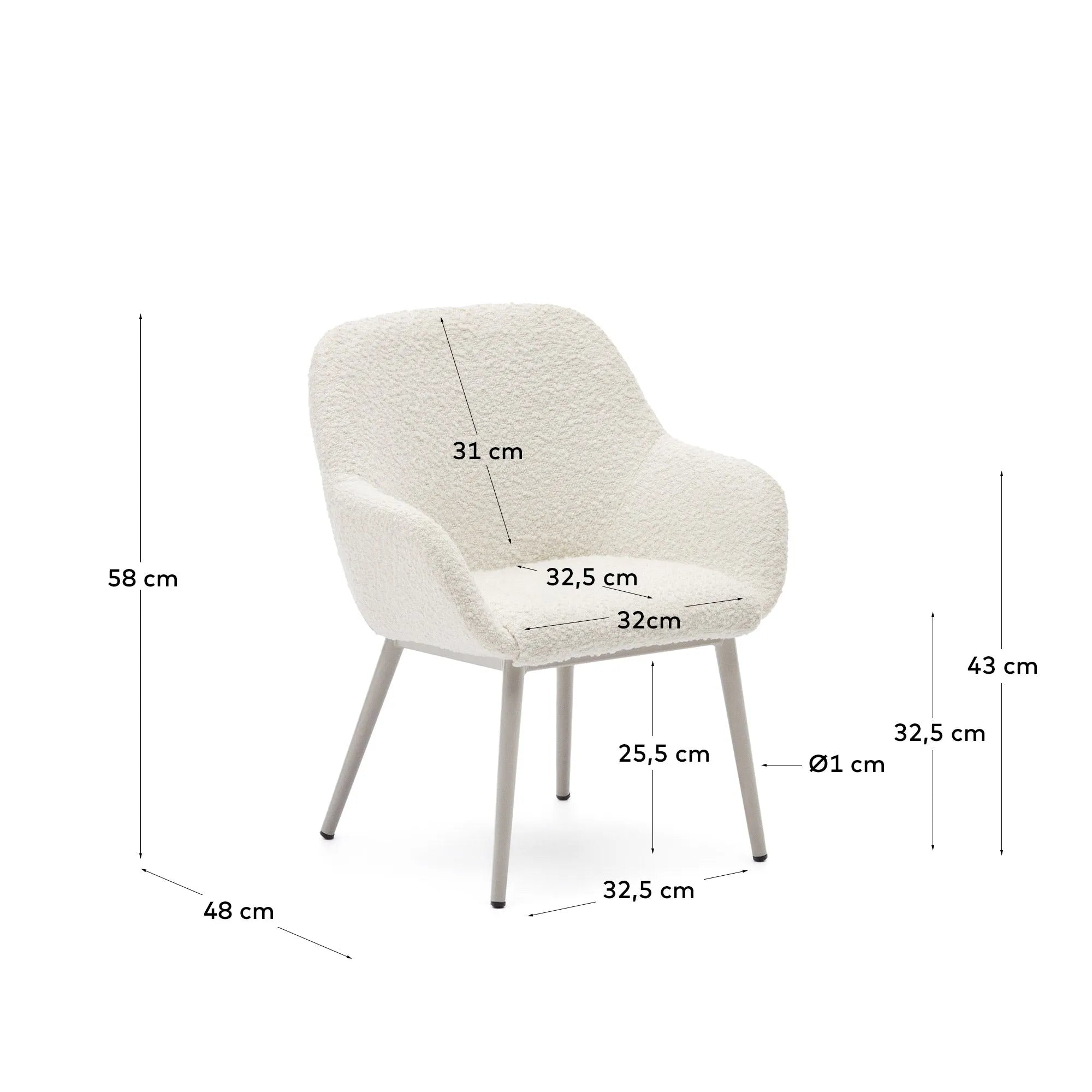 Eleganter Kinderstuhl mit weißem Bouclé-Bezug und stabilen Stahlbeinen in Beige, ideal für stilvolle und sichere Kinderzimmer.