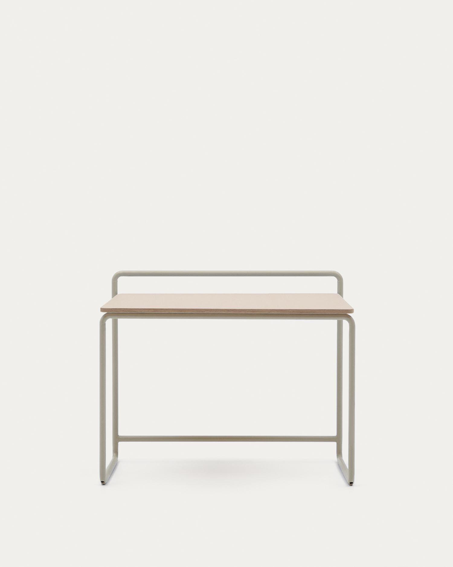 Eleganter Schreibtisch Tinn mit Eschenfurnier und beiger Metallstruktur, kompakt und modern, perfekt für stilvolle Arbeitsbereiche.