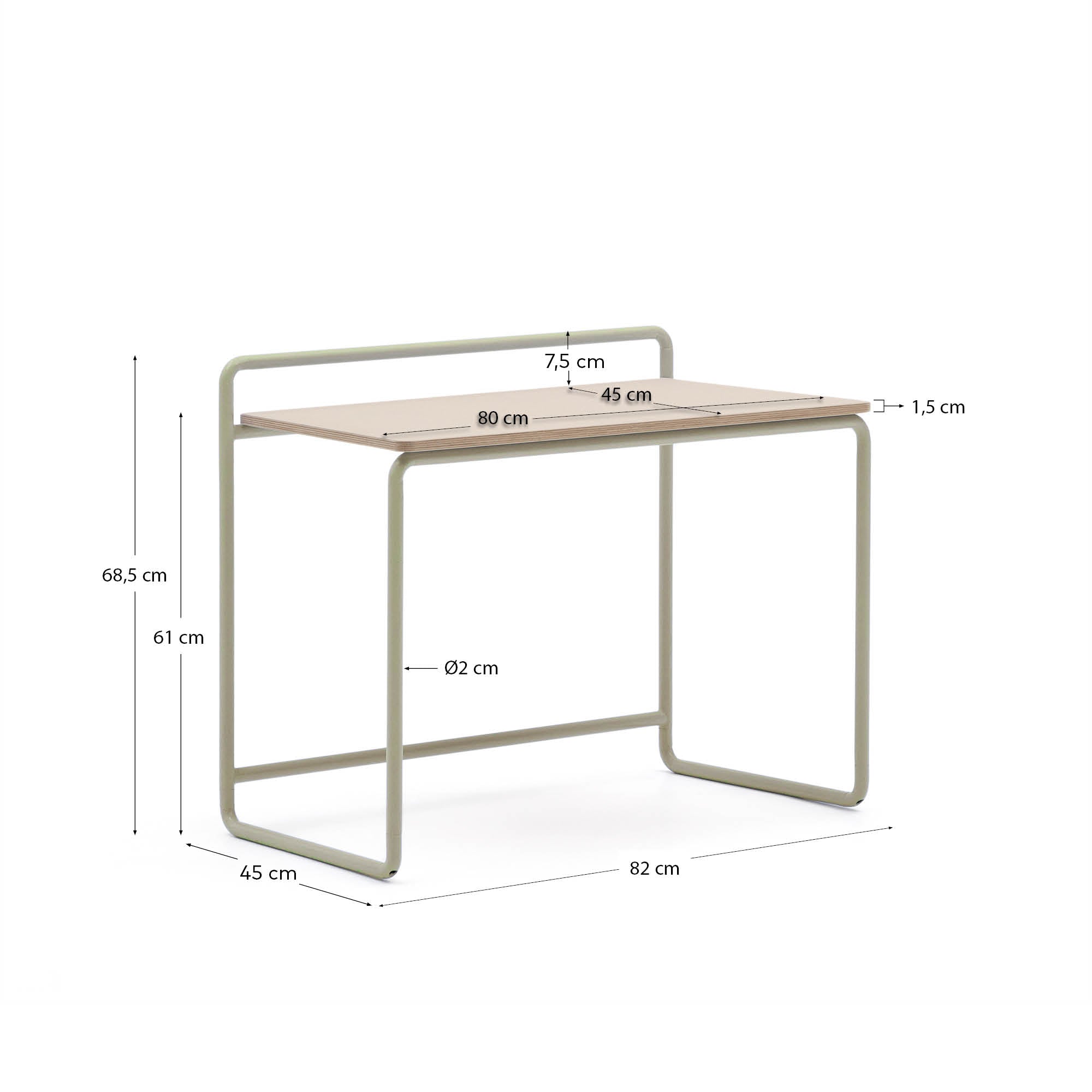 Eleganter Schreibtisch Tinn mit Eschenfurnier und beiger Metallstruktur, kompakt und modern, perfekt für stilvolle Arbeitsplätze.