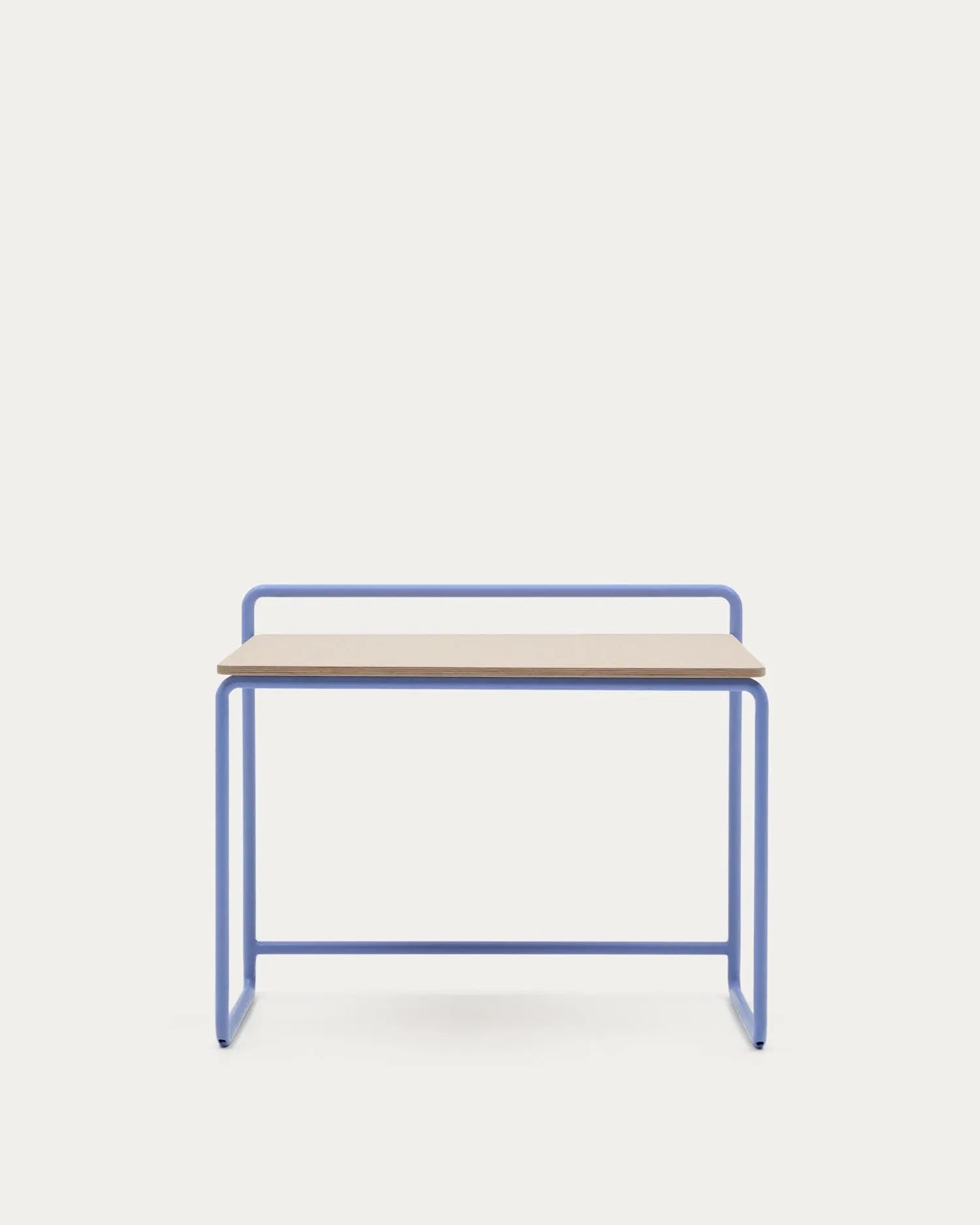 Eleganter Schreibtisch mit Eschenfurnier und blauem Metallgestell, ideal für kreative Projekte und modernes Arbeiten.