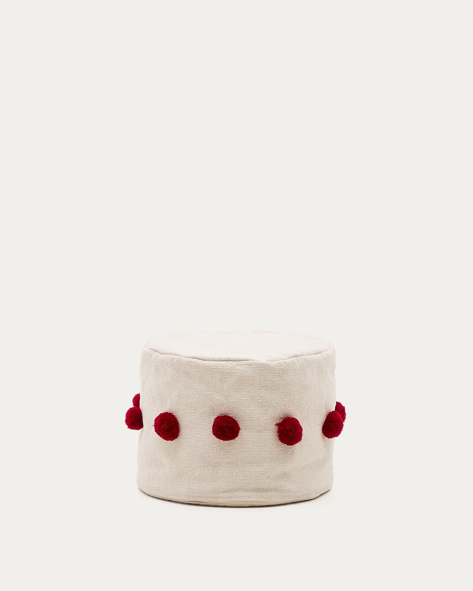 Manua bean bag in beige cotton with red tassels, Ø 40 cm