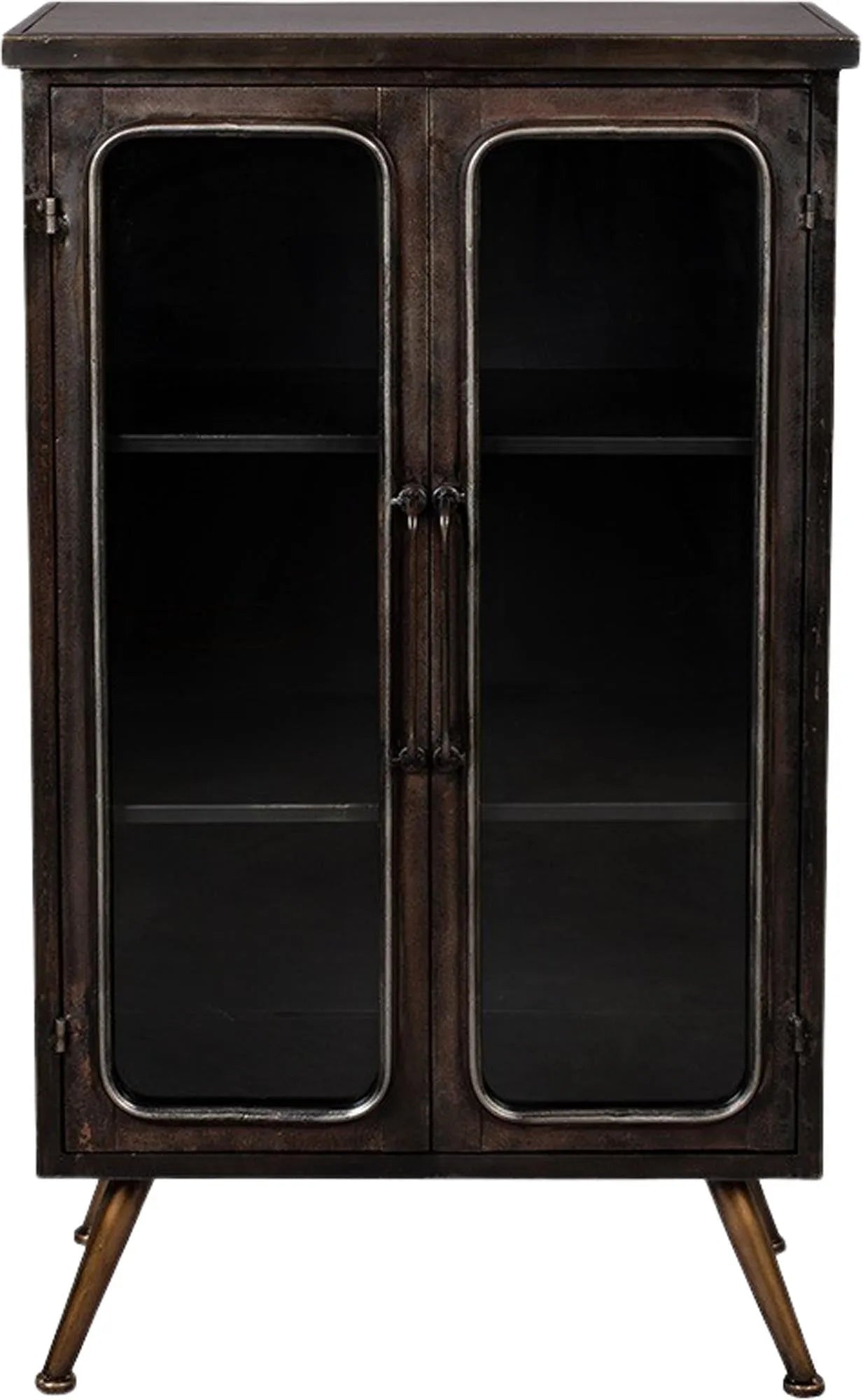 Modernes, minimalistisches Cabinet DENZA in Schwarz, aus Glas und pulverbeschichtetem Eisen, 60x35x100cm, vielseitig und stilvoll.