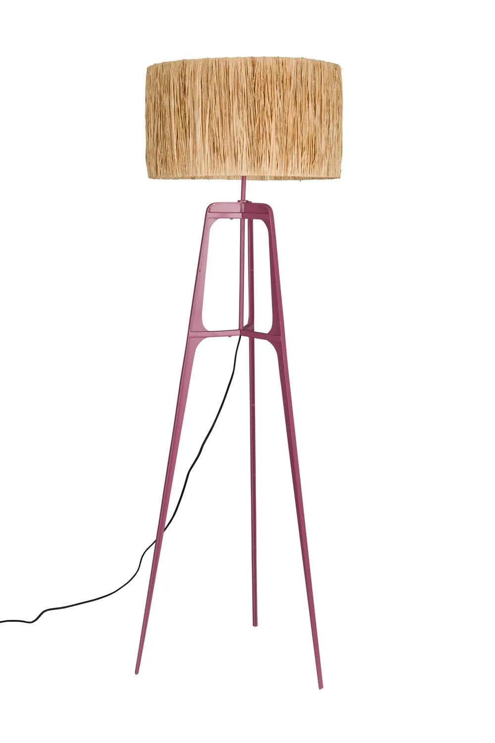 Die Dutchbone Afra Stehlampe in Pflaume kombiniert industriellen Charme mit einem handgefertigten Lampenschirm für eine stilvolle, gemütliche Atmosphäre.