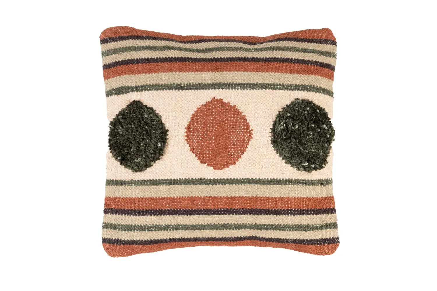 Das Kissen Haydon Stripe 45x45 von Dutchbone besticht durch lebhafte Streifen in Erdtönen, Retro-Charme und langlebiges Polyester.