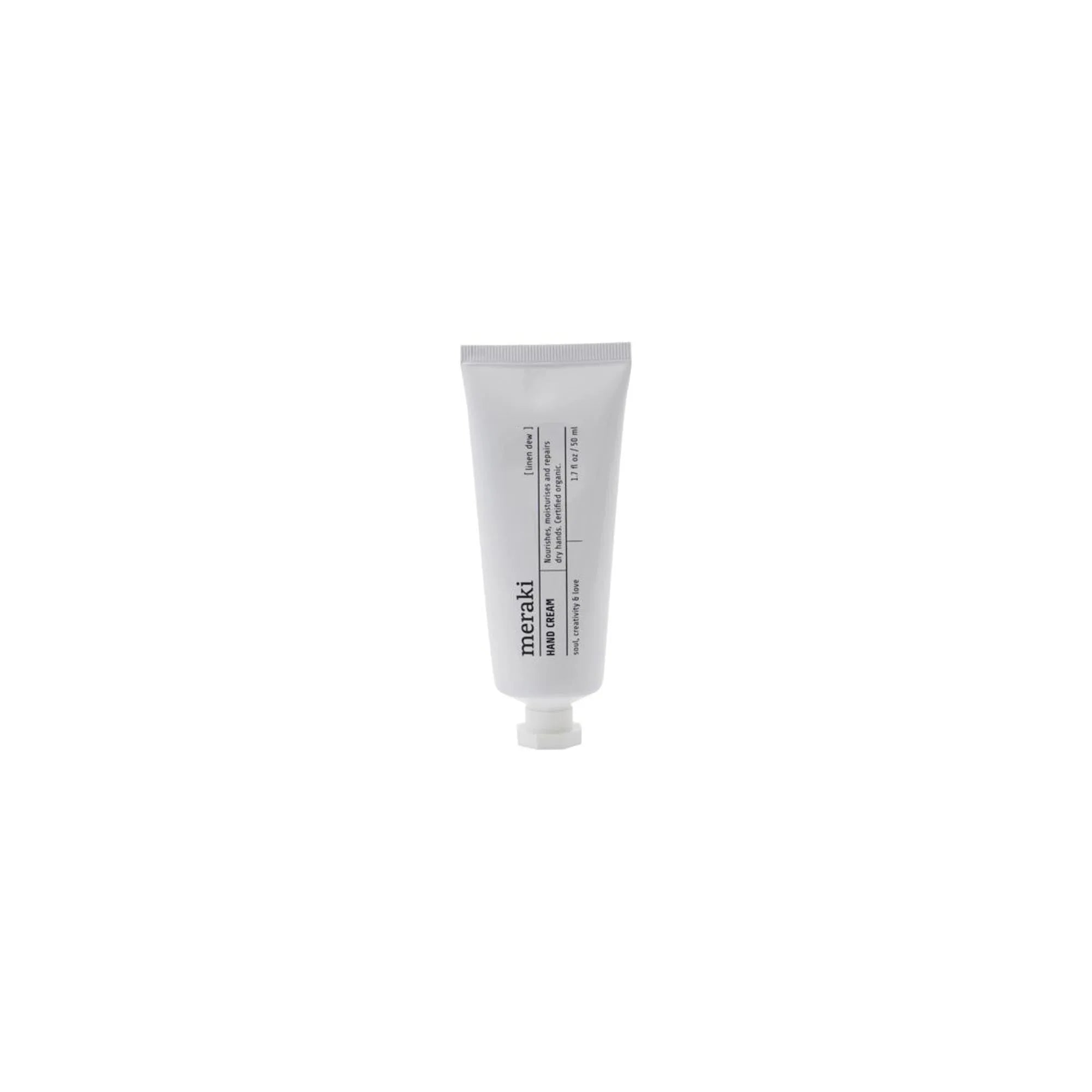 Die Handcreme Linen Dew von Meraki: Bio-Pflege mit Aloe Vera, Kakaobutter, Avocadoöl. Zieht schnell ein, erfrischender Duft, ECOCERT zertifiziert.