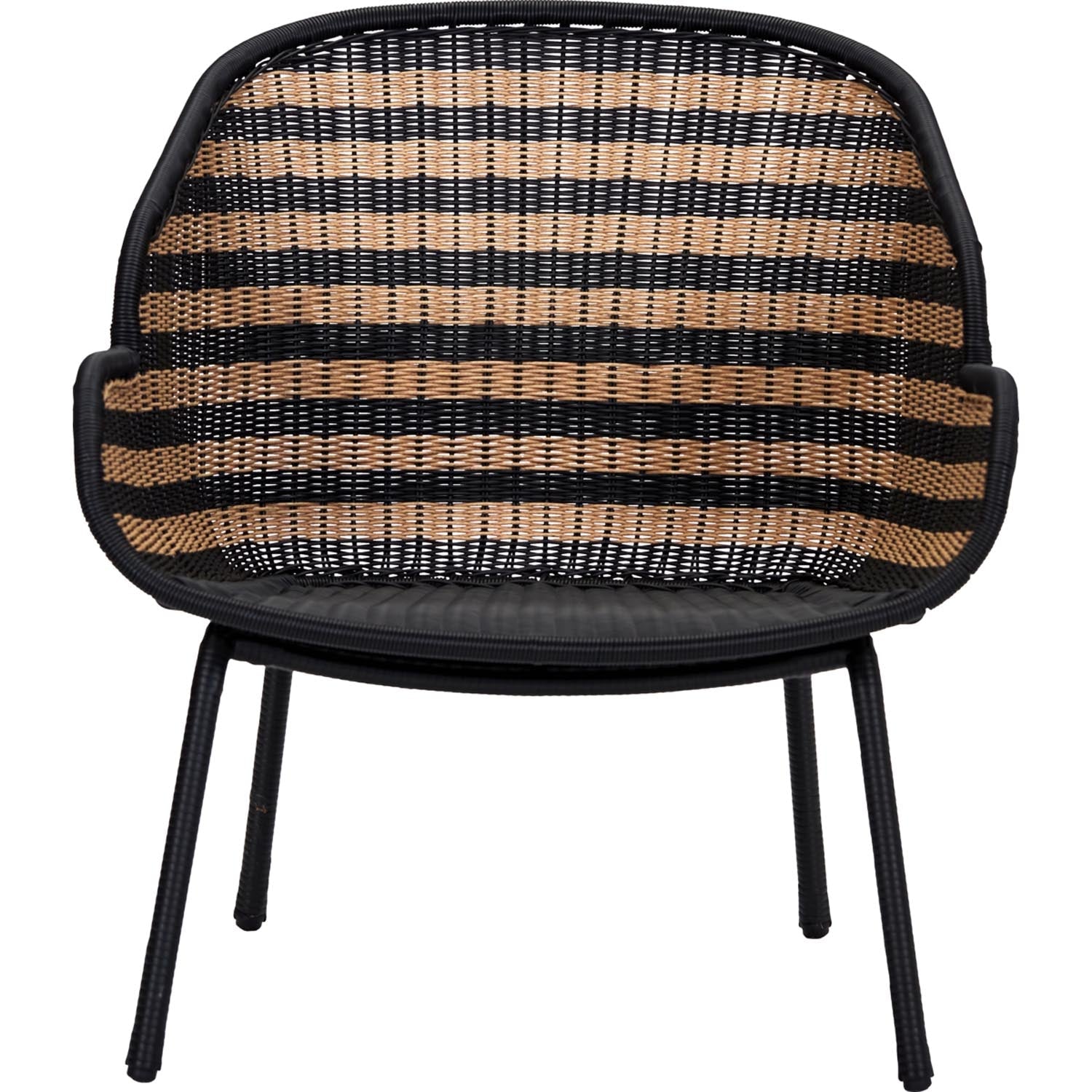 Eleganter Lounge-Sessel in Natur und Schwarz, wetterfest, mit stabilen Eisenbeinen – ideal für drinnen und draußen.
