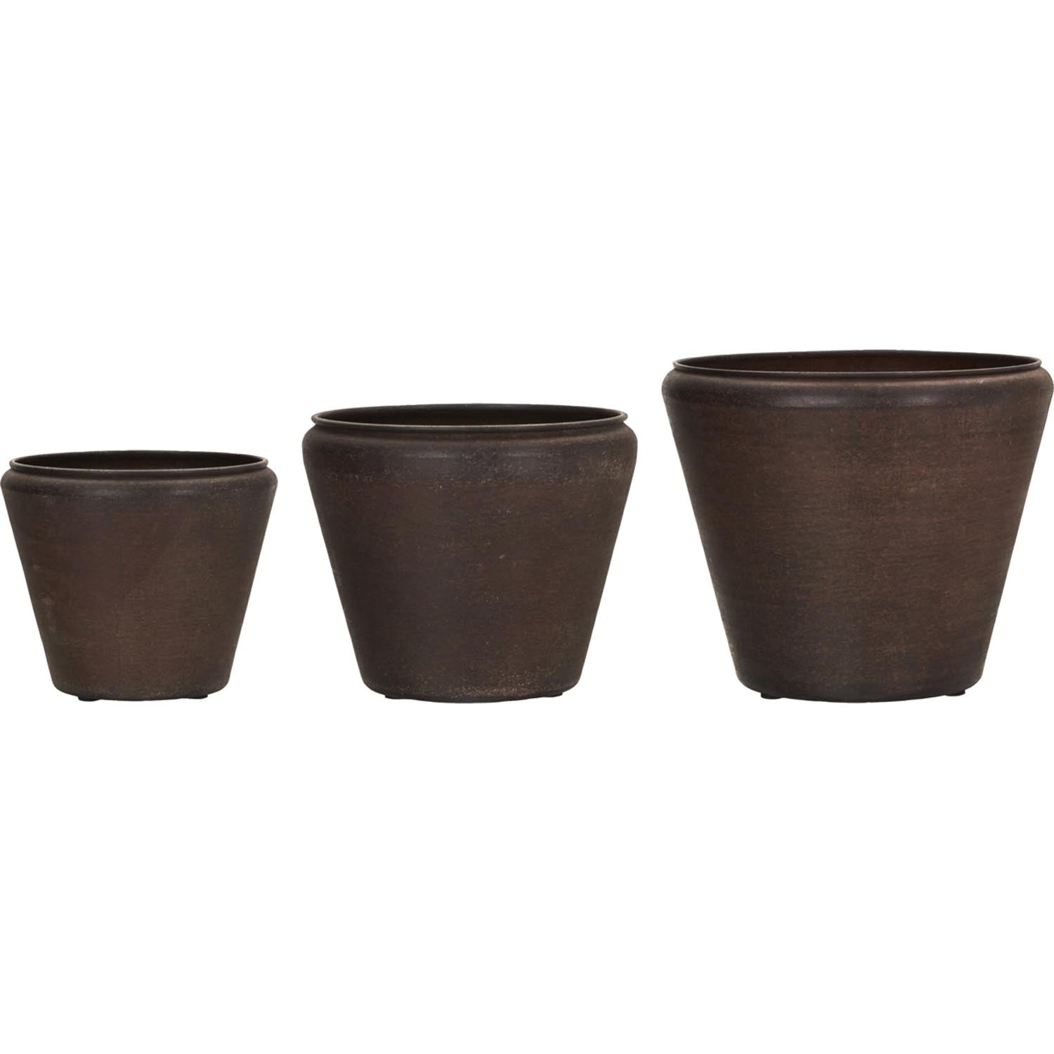 Antikbrauner Blumentopf aus Eisen, 3er-Set, konisch, mit Abflussloch, für drinnen & draußen, Vintage-Charme.