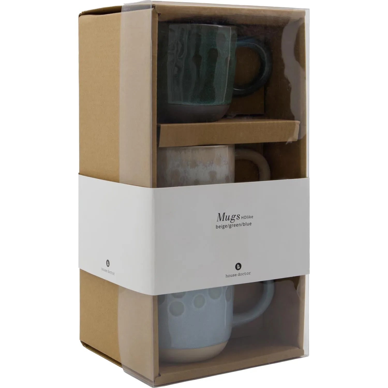 Elegante Steingut-Tasse in Beige, Grün oder Blau mit einzigartiger Haptik und stilvollen Punktdetails. Perfekt für jeden Anlass.