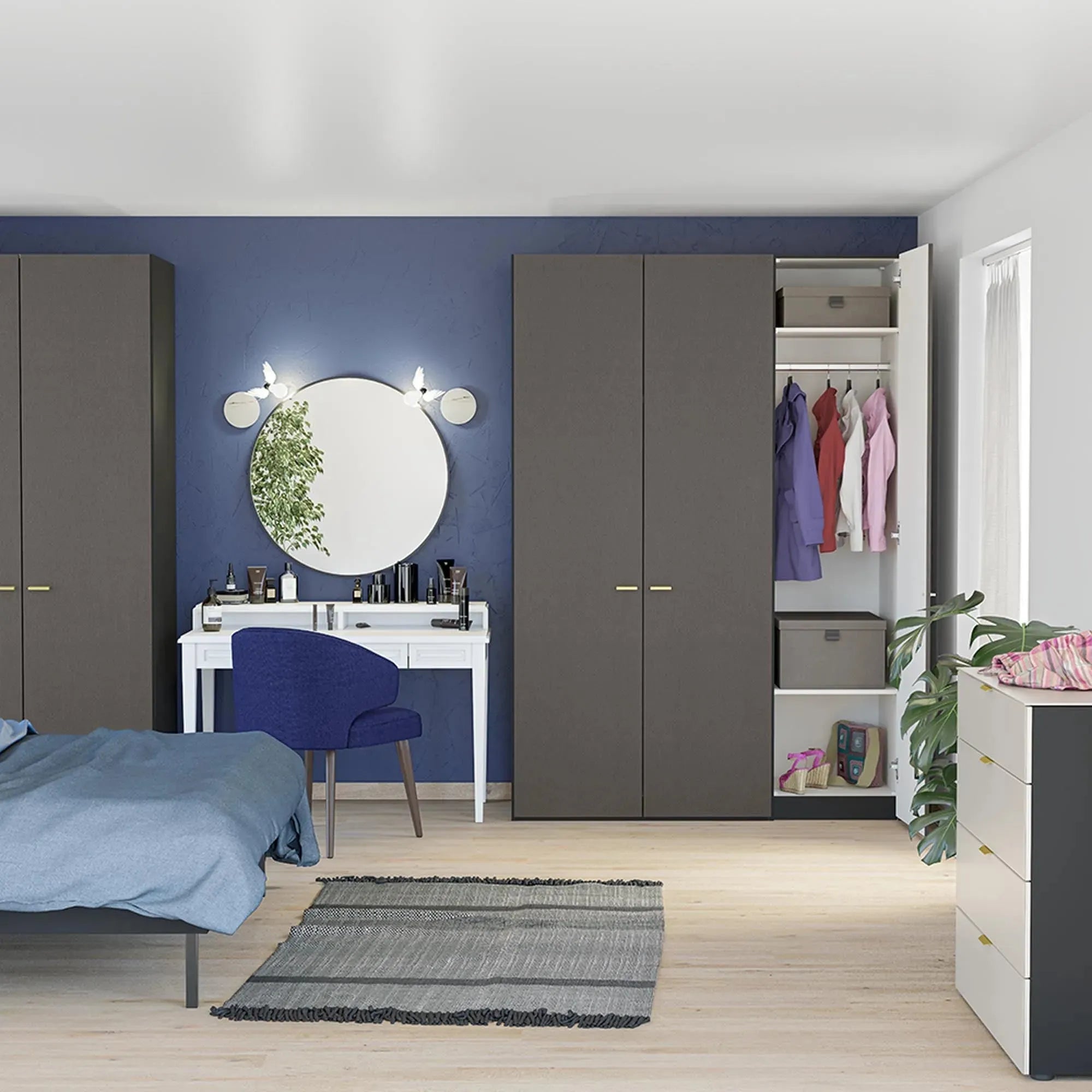 Eleganter Jutzler Drehtürenschrank, 3 Türen, anthrazit, platzsparend.