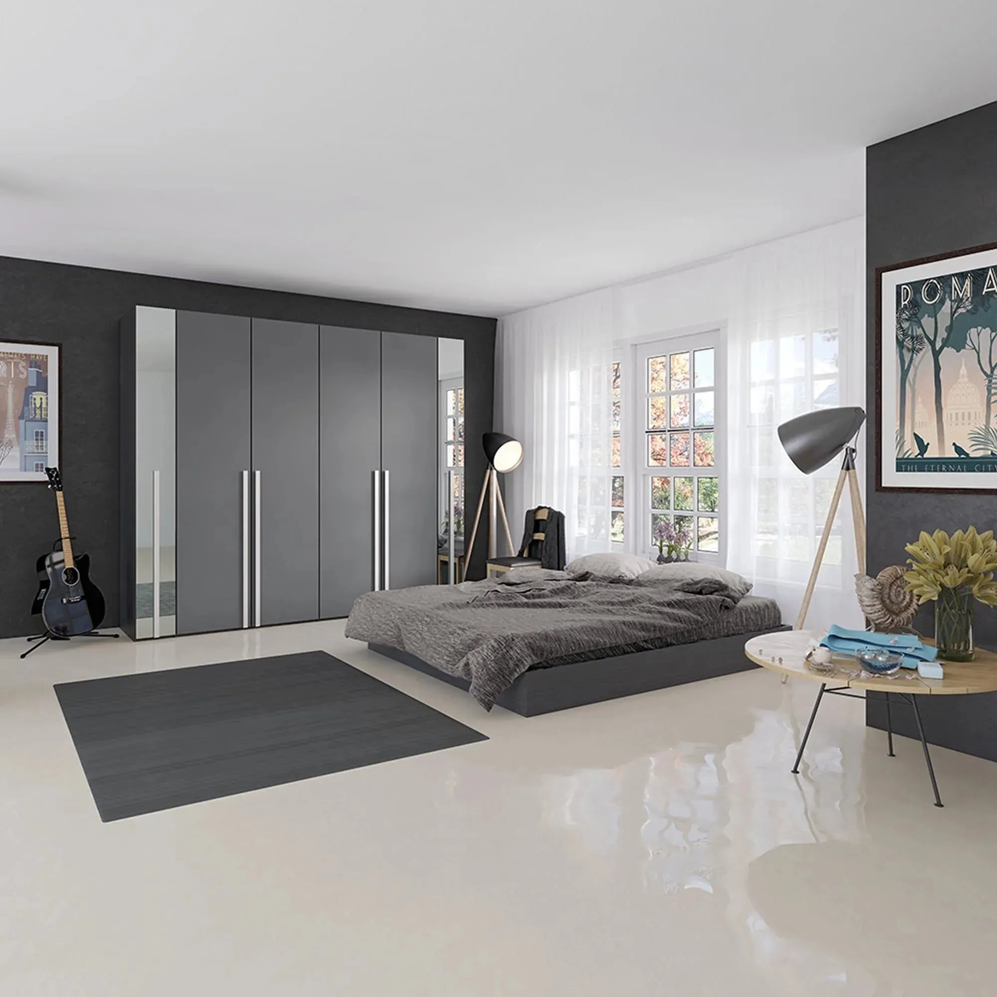 Eleganter Jutzler 4-türiger Drehtürenschrank in Anthrazit mit Zubehör.
