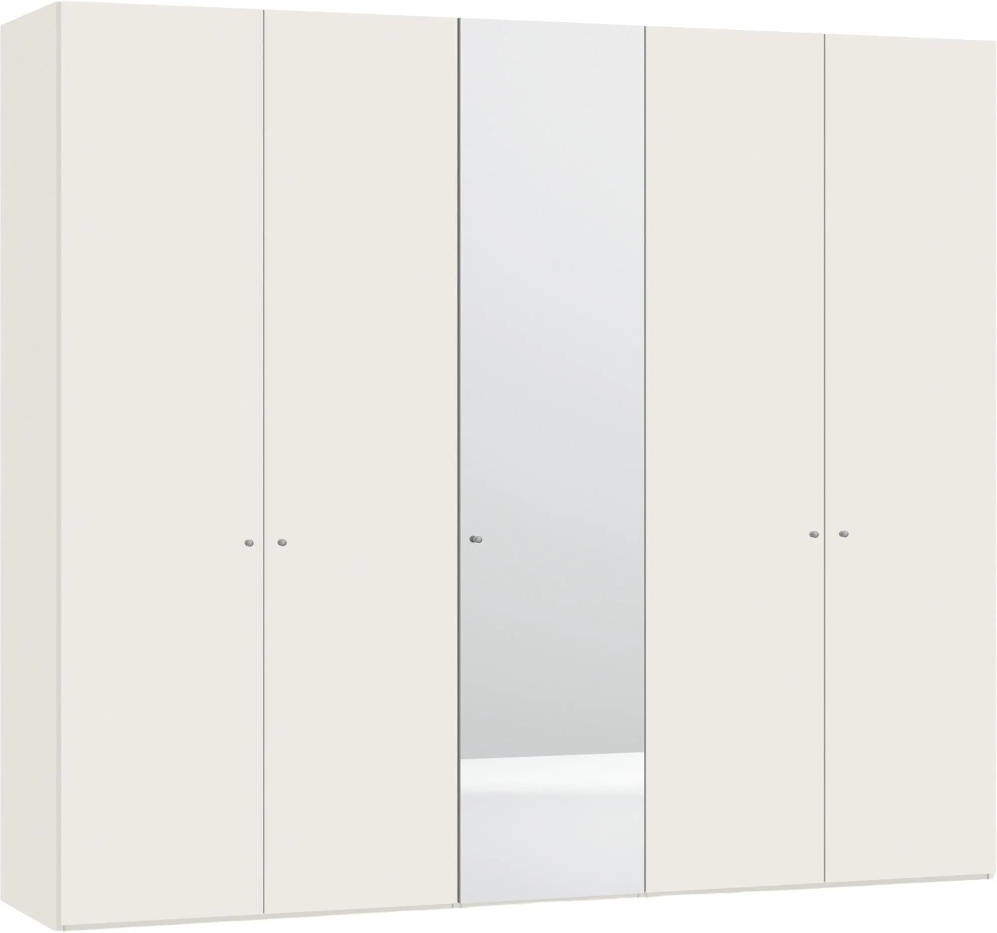 Eleganter 5-türiger Drehtürenschrank in Cremeweiß mit Spiegel, individuell konfigurierbar, stabil und einfach aufzubauen.