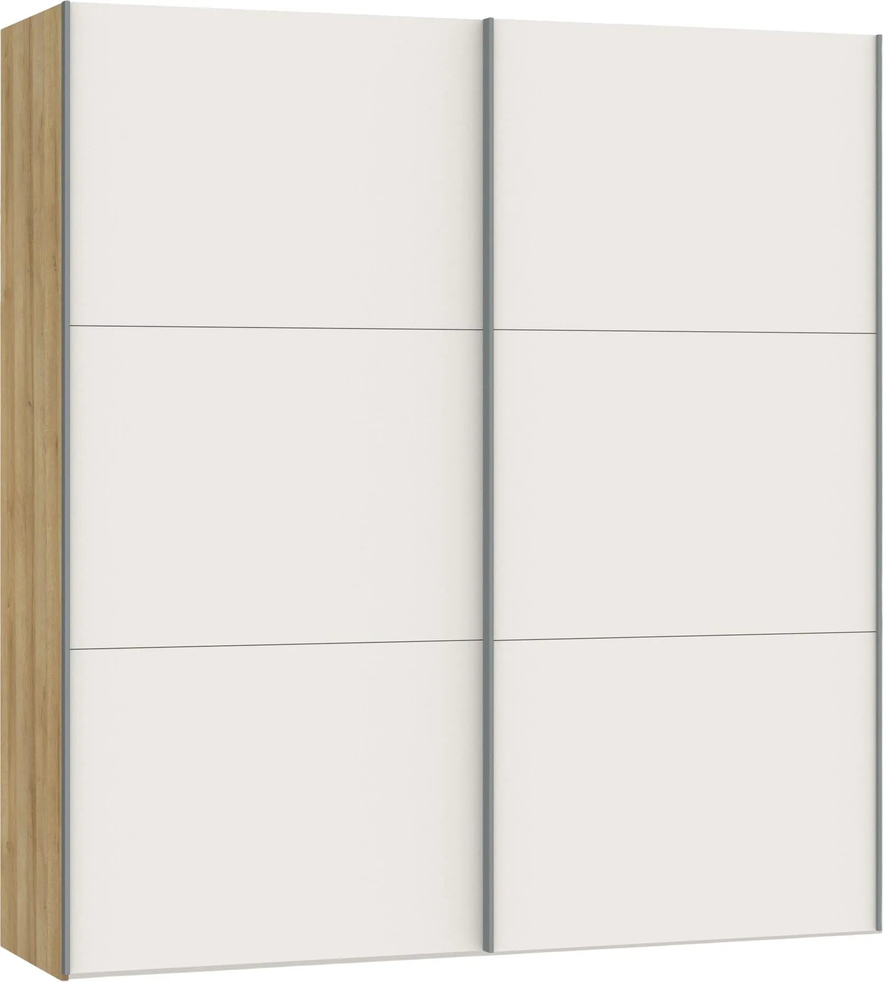 Moderner Jutzler Schwebetürenschrank XS in Cremeweiß mit Zubehör.