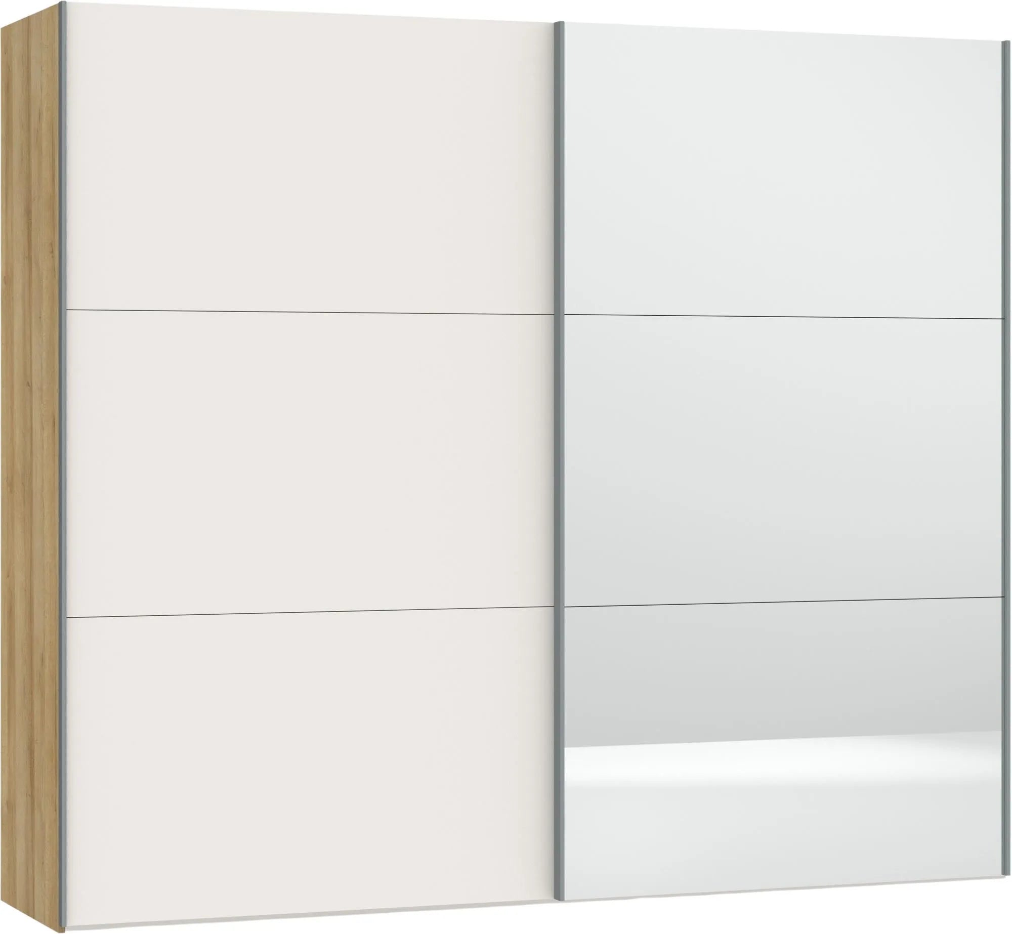 Eleganter Jutzler Schwebetürenschrank in Cremeweiß mit Spiegelfront.