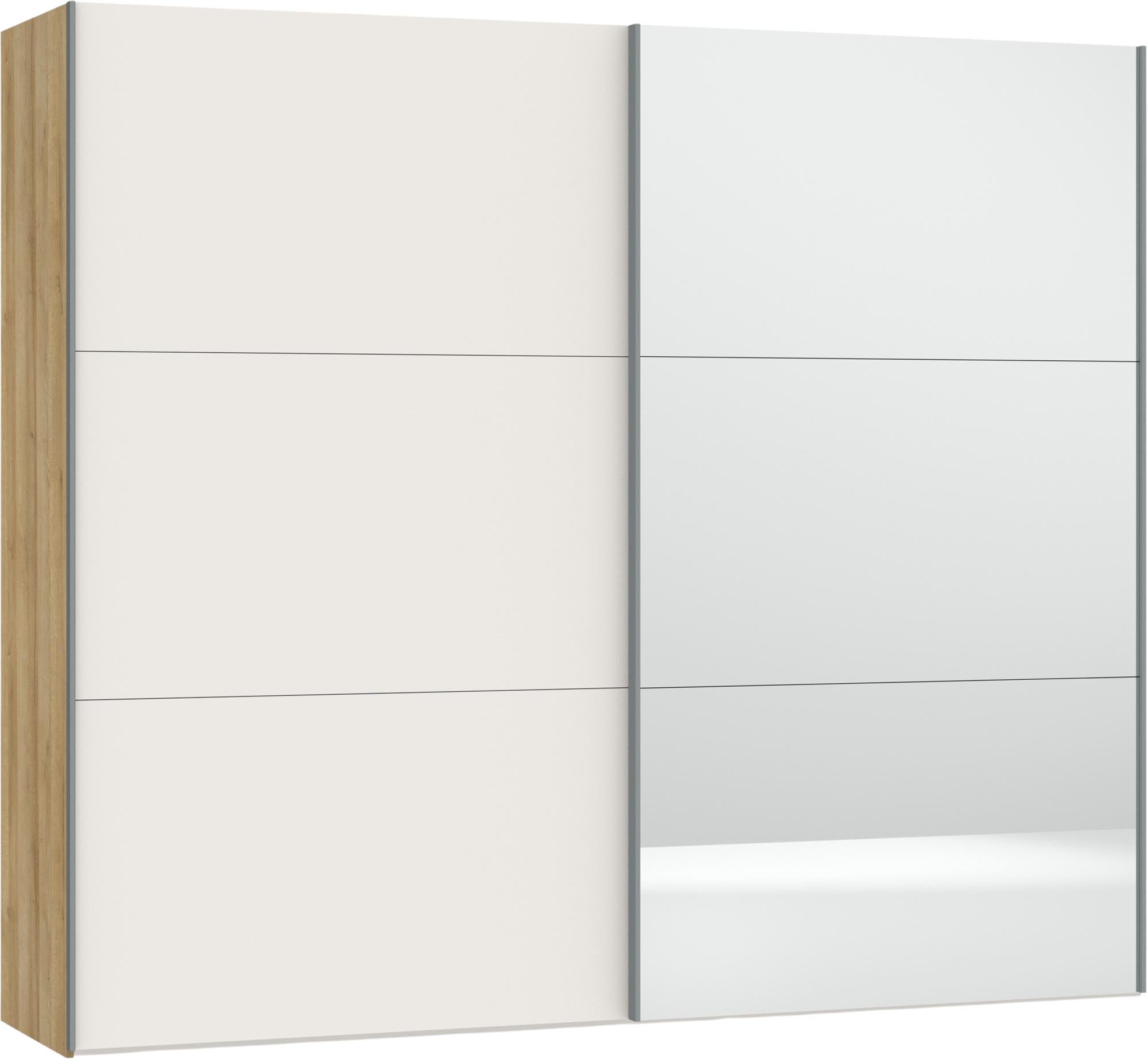 Moderner Jutzler Schwebetürenschrank in Cremeweiss mit Spiegelzubehör.
