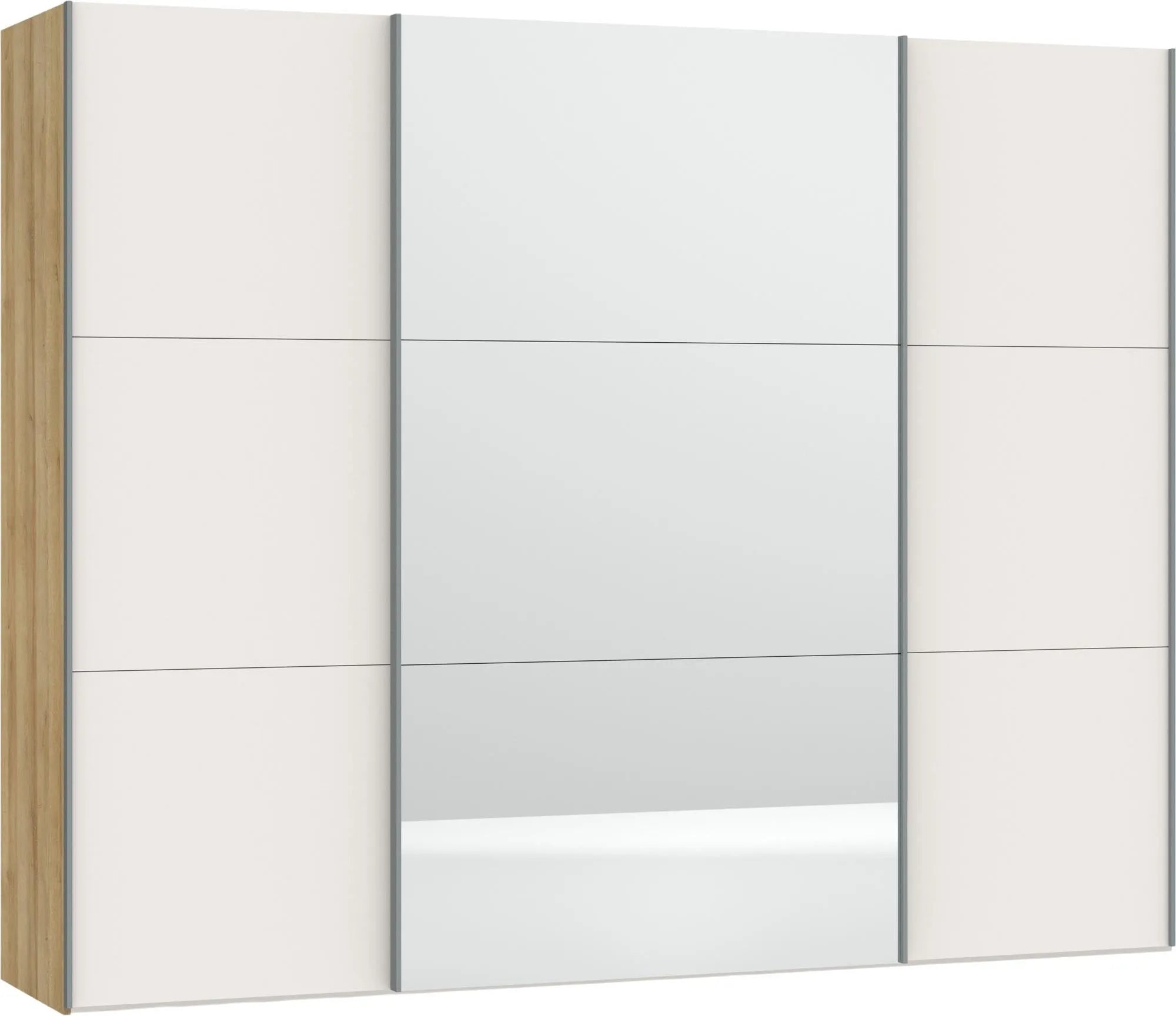 Moderner Jutzler Schwebetürenschrank in Cremeweiß mit Spiegelfront.