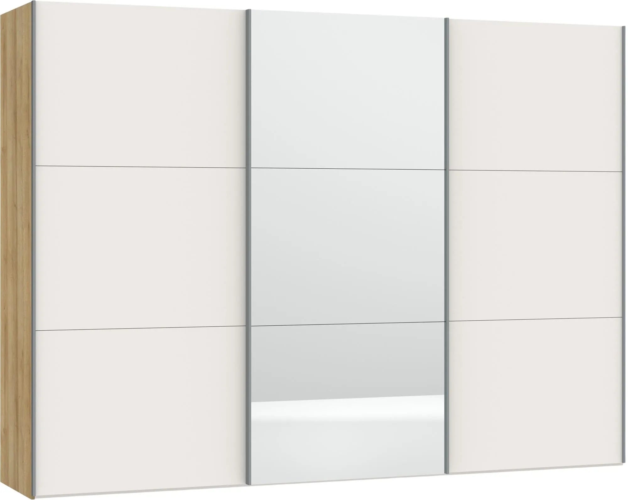 Großer Jutzler Schwebetürenschrank in Cremeweiß mit Spiegelfront.