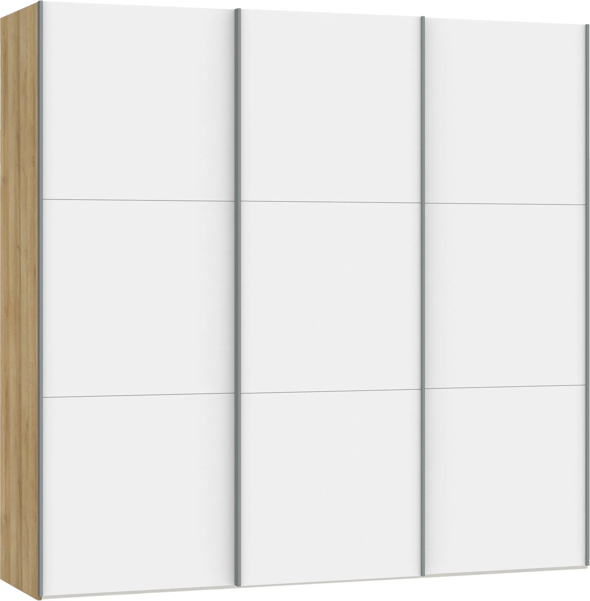 Moderner Jutzler Schwebetürenschrank in Weiß mit flexiblem Zubehör.