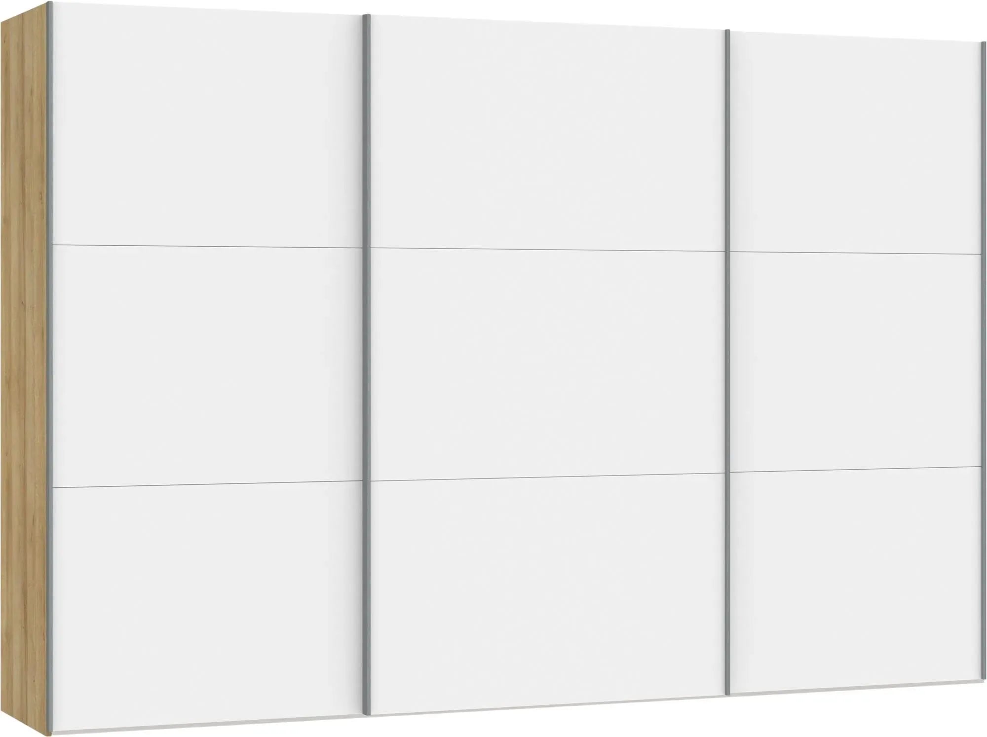 Großer Jutzler Schwebetürenschrank in Weiß mit praktischem Zubehör.