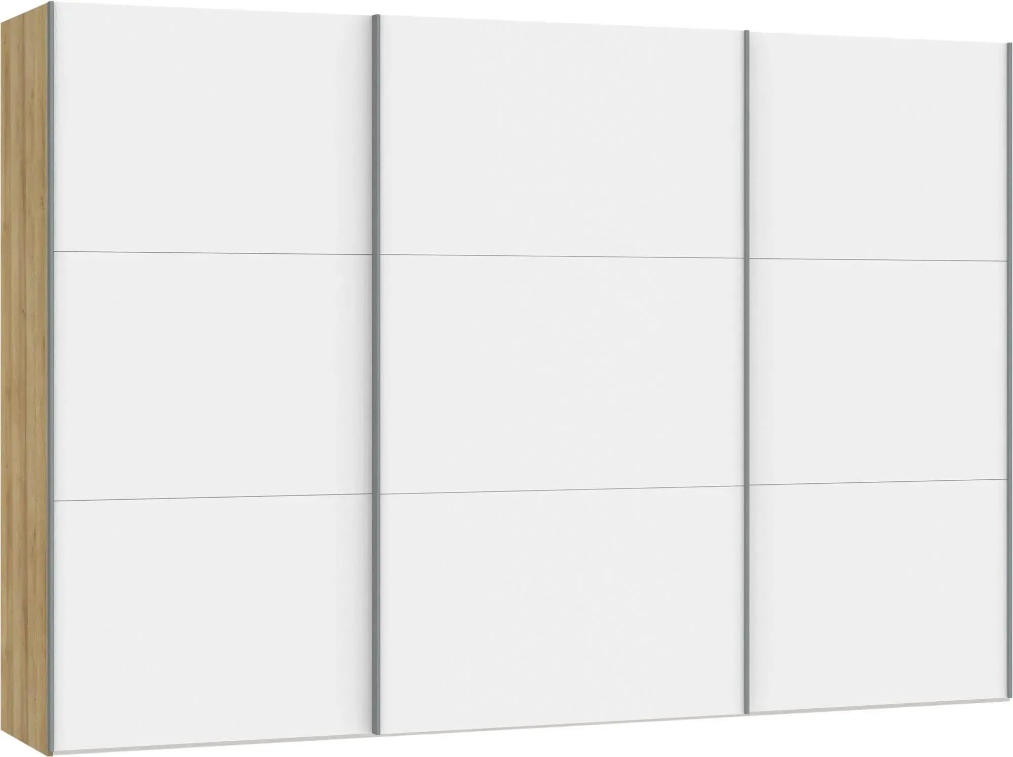 Großer Jutzler Schwebetürenschrank in Weiß mit praktischem Zubehör.