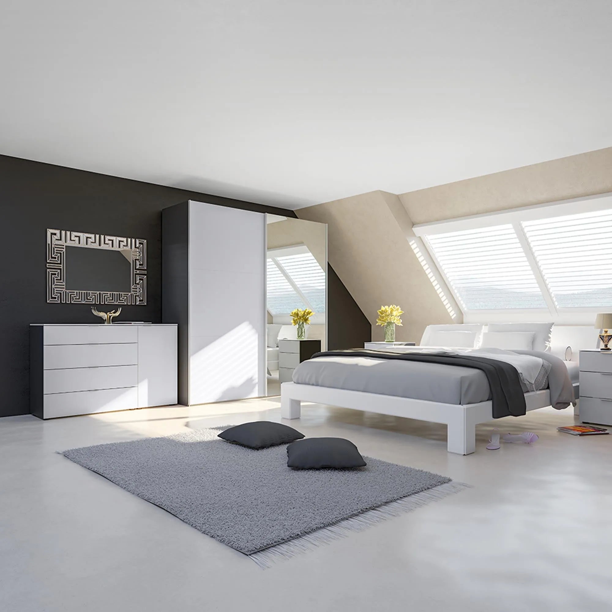 Eleganter Jutzler Schwebetürenschrank in Premiumweiß mit Spiegel.
