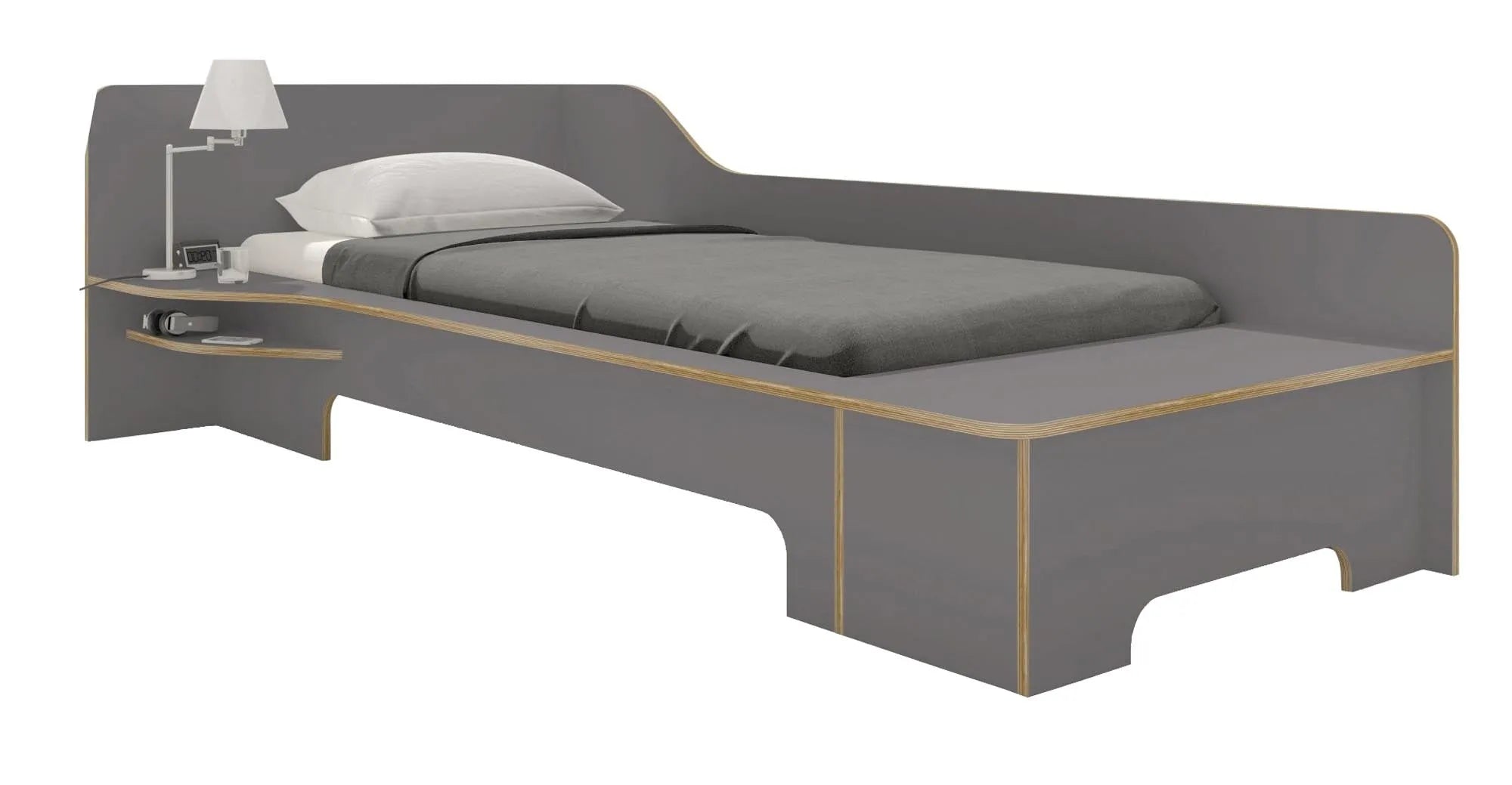 Stilvolles Plane Einzelbett links mit geräumigem Bettkasten.