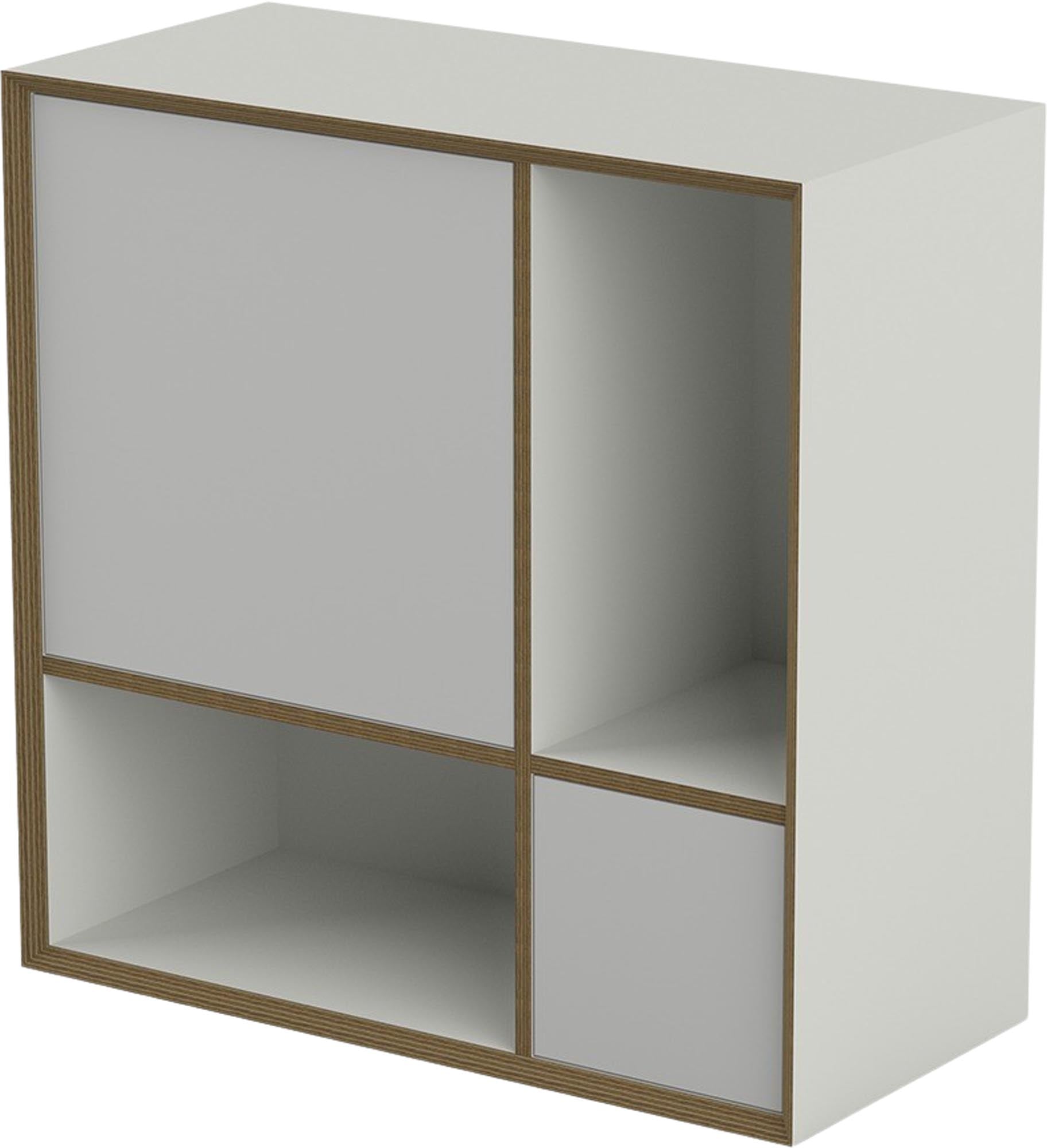 Vielseitiges VERTIKO PLY: Weißes Birkenholz, grifflos, push-to-open, als Sekretär oder Minibar nutzbar.