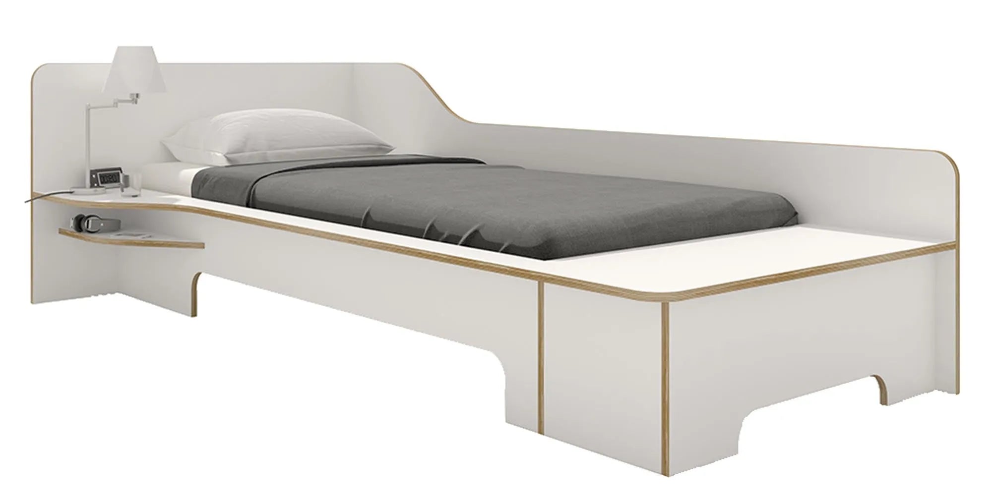 Modernes Einzelbett links mit Bettkasten und festem Lattenrost.