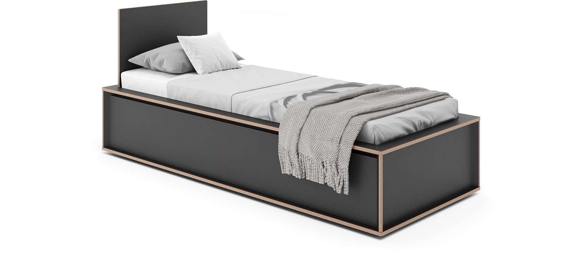 Elegantes SPAZE Bett mit Kopfteil und Schubkästen von Müller Möbel.