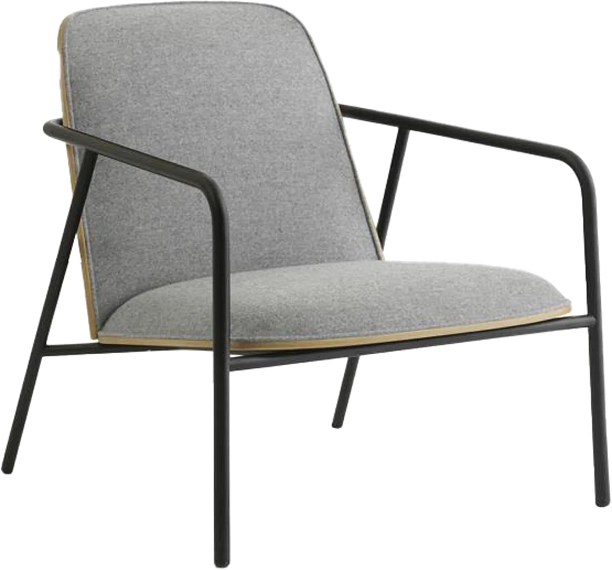 Eleganter Pad Loungestuhl aus Eichenfurnier mit gepolsterter Front und stabilem Metallrahmen. Komfort trifft auf modernes Design.
