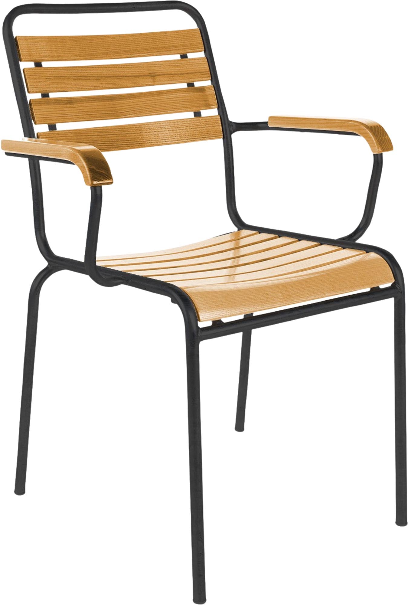 Hochwertiger Rigi Holzlatten-Gartenstuhl mit Armlehne aus wetterfestem Eschenholz, Schweizer Handwerkskunst, langlebig, stilvoll und umweltfreundlich.