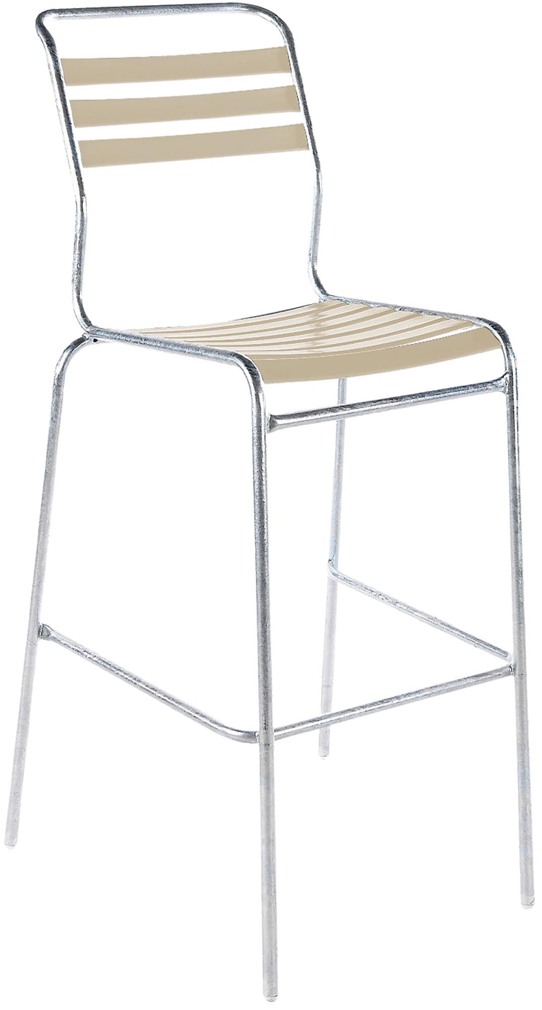 Hochwertiger Outdoor-Barstuhl ohne Armlehne aus wetterfestem, recyceltem Meeresplastik, langlebig, stilvoll und reparierbar – Made in Switzerland.