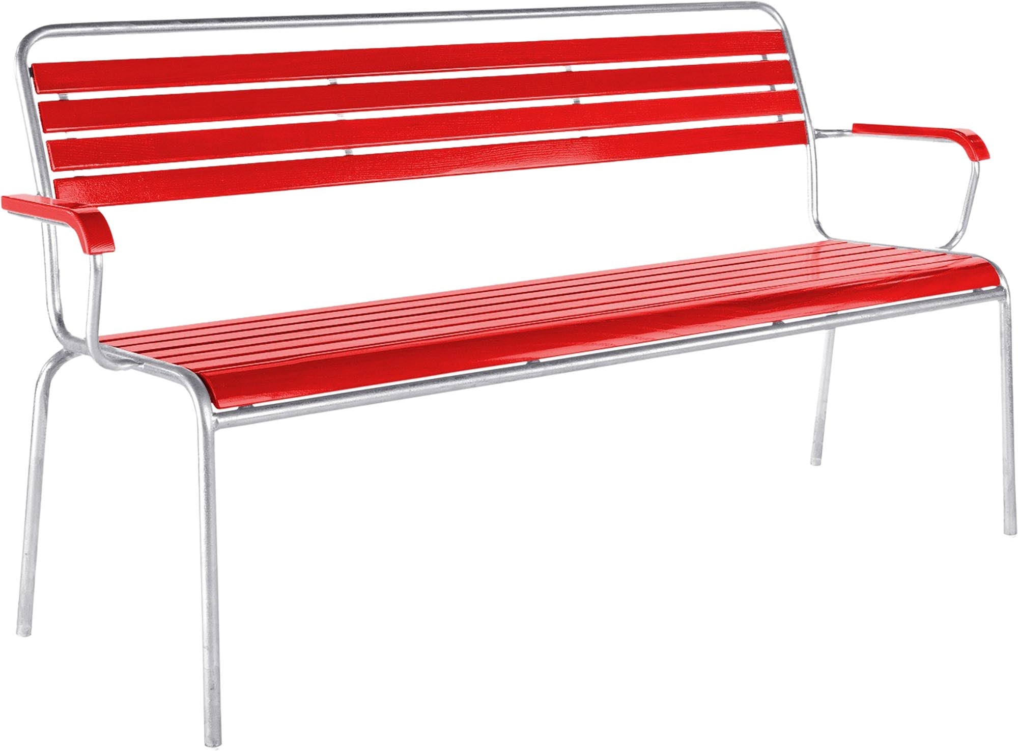 Rigi Holzlatten- 3er-Gartenbank mit Armlehne in Rot / Feuerverzinkt präsentiert im Onlineshop von KAQTU Design AG. Gartenbank ist von Schaffner