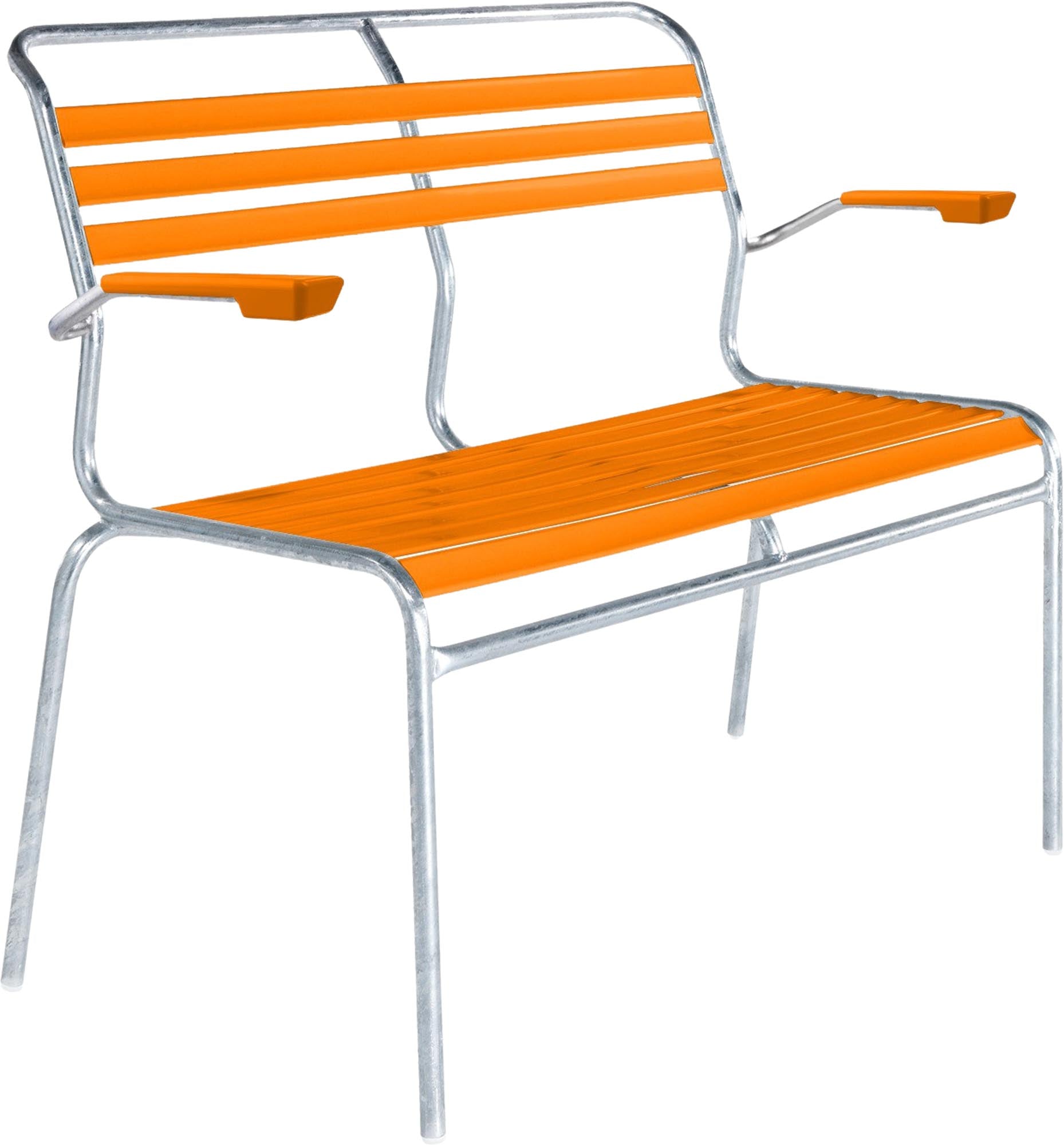 Robuste Säntis Lättli-2er Gartenbank mit Armlehne, wetterfestes Design, Schweizer Qualität, stilvoller Sitzkomfort für Außenbereiche.