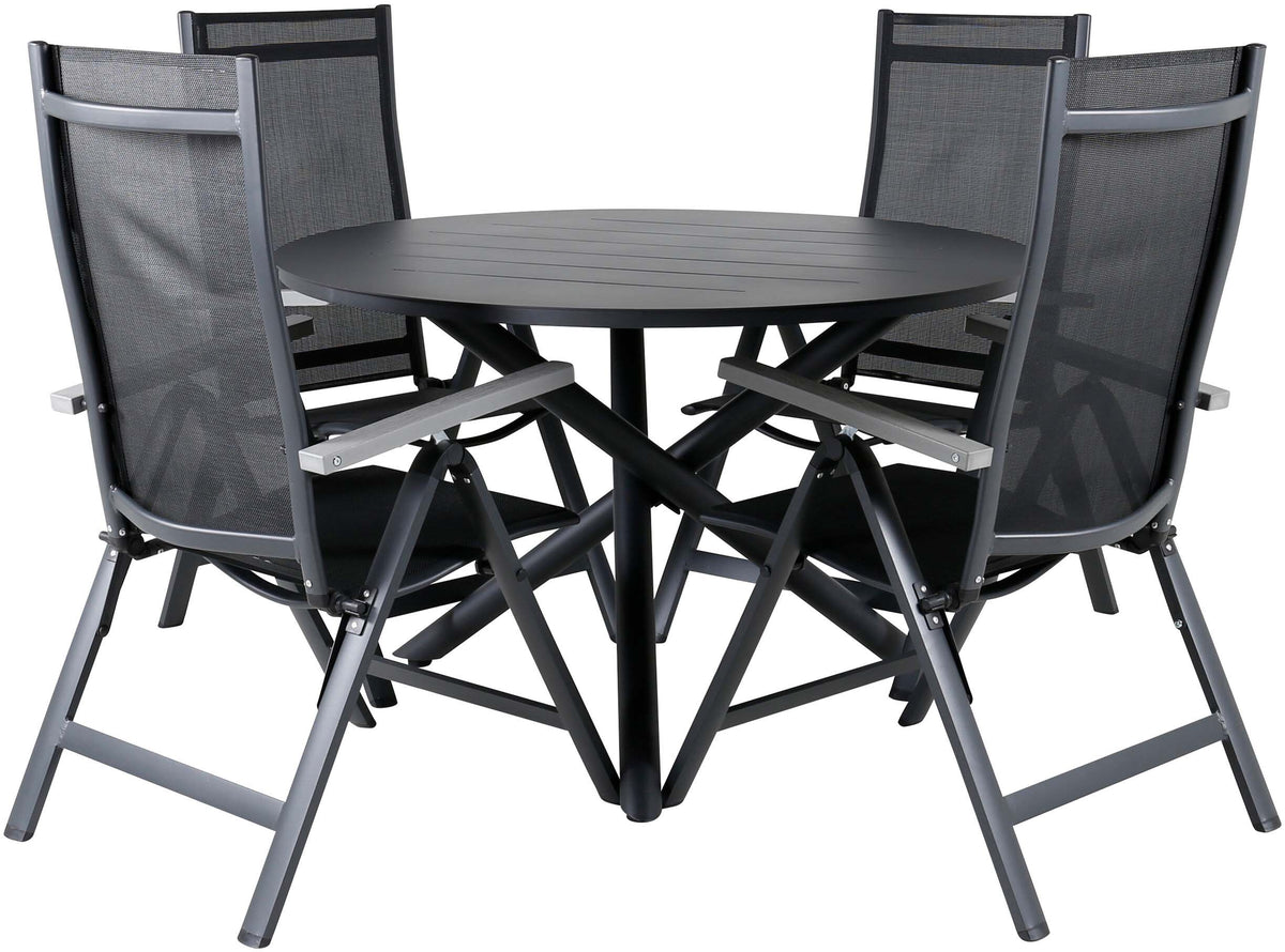 Alma Outdoor-Tischset + Albany ⌀120cm/4St. in Schwarz präsentiert im Onlineshop von KAQTU Design AG. Gartentischset ist von Venture Home