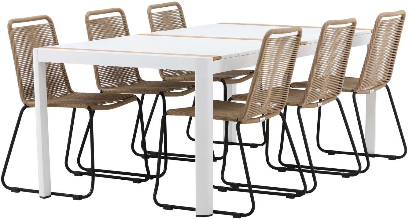 Togo Outdoor-Tischset + Lindos 200cm/6St. in Weiss / Natur präsentiert im Onlineshop von KAQTU Design AG. Gartentischset ist von Venture Home
