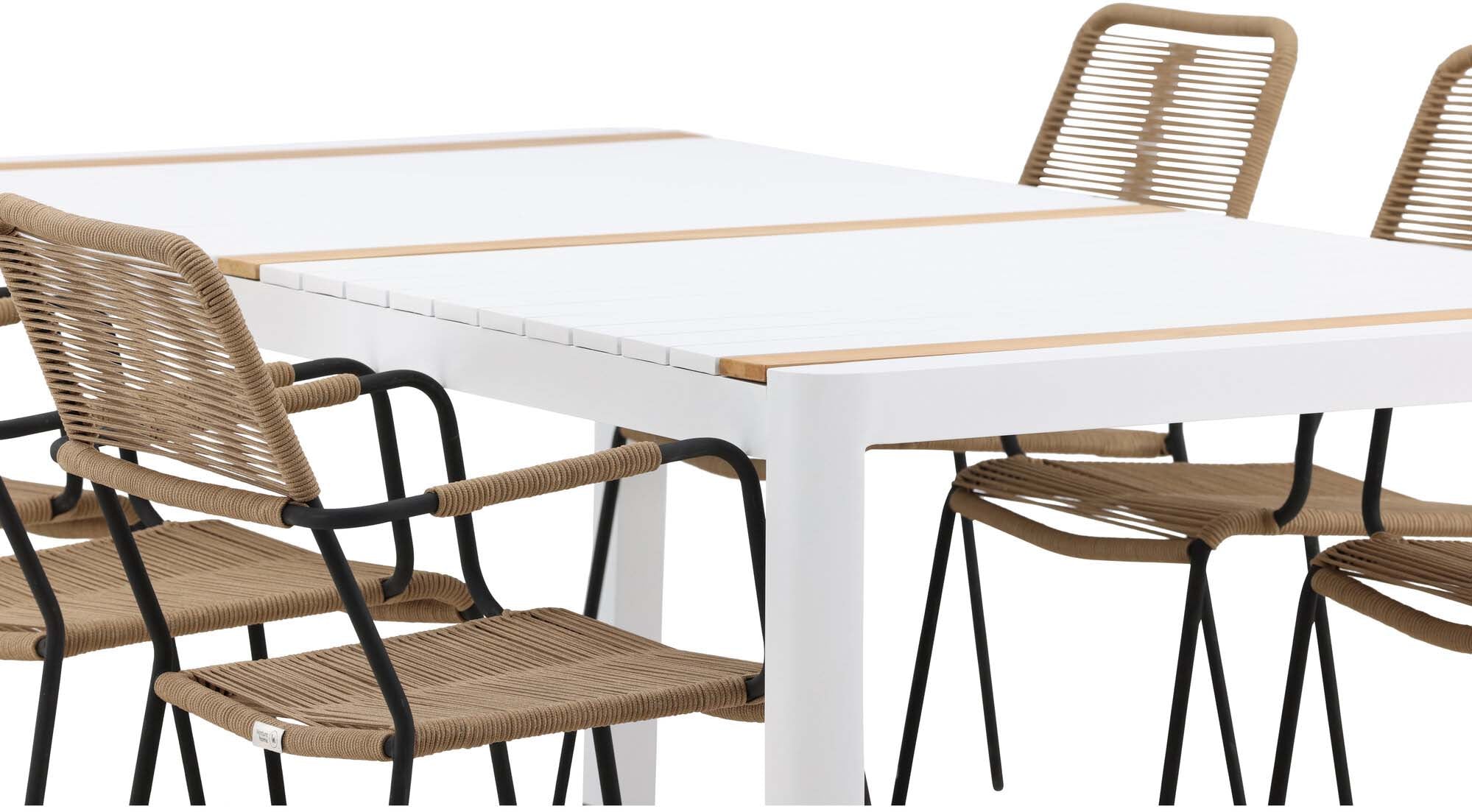 Togo Outdoor-Tischset + Lindos Armchair 200cm/6St. in Weiss / Natur präsentiert im Onlineshop von KAQTU Design AG. Gartentischset ist von Venture Home