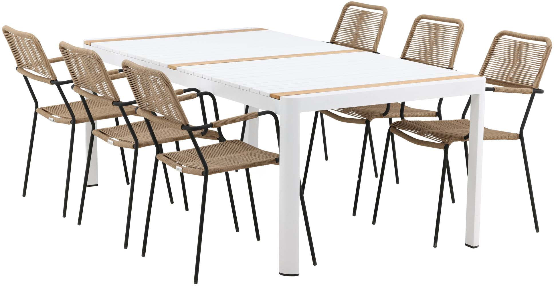 Togo Outdoor-Tischset + Lindos Armchair 200cm/6St. in Weiss / Natur präsentiert im Onlineshop von KAQTU Design AG. Gartentischset ist von Venture Home
