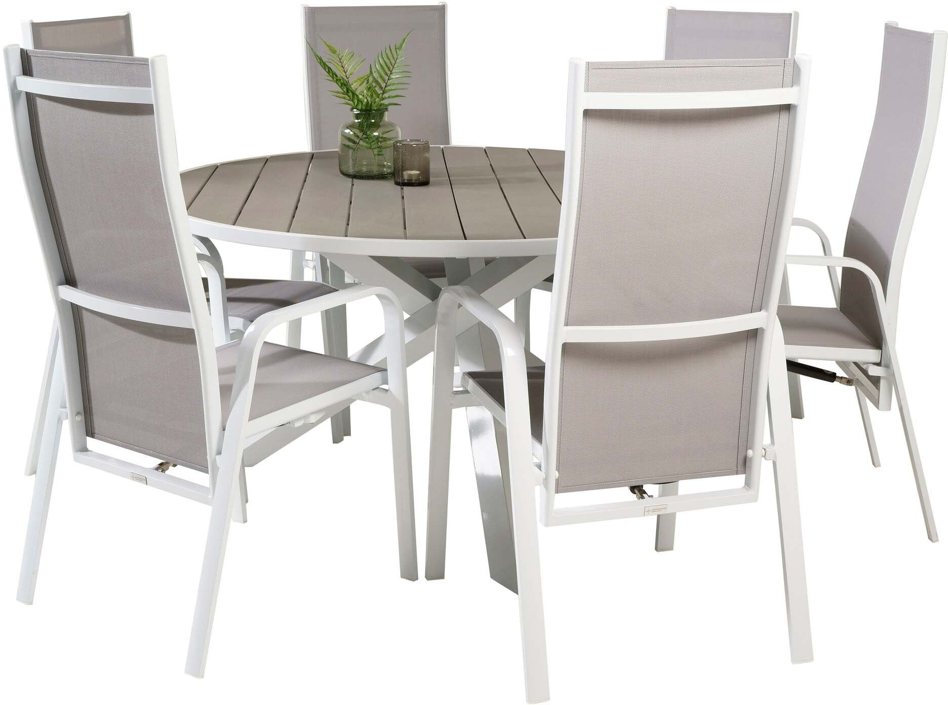 Parma Outdoor-Tischset + Copacabana Recliner ⌀140cm/6St. in Grau weiss präsentiert im Onlineshop von KAQTU Design AG. Gartentischset ist von Venture Home