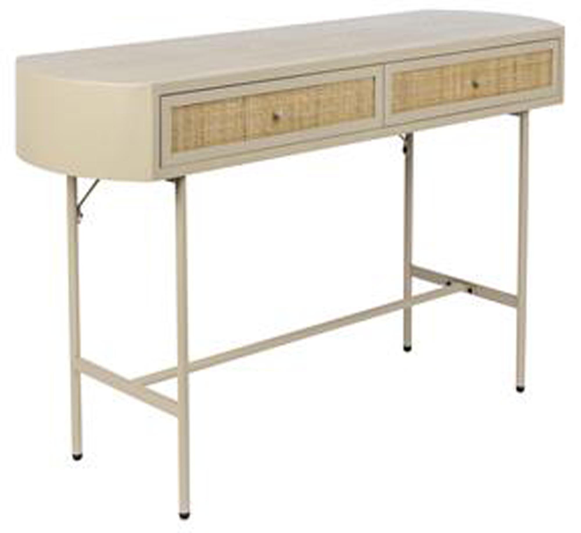 Der stilvolle Konsolentisch AMAYA 2DR von White Label Living in sanftem Beige, mit Rattan-Elementen und robusten Eisenbeinen, bietet praktischen Stauraum.