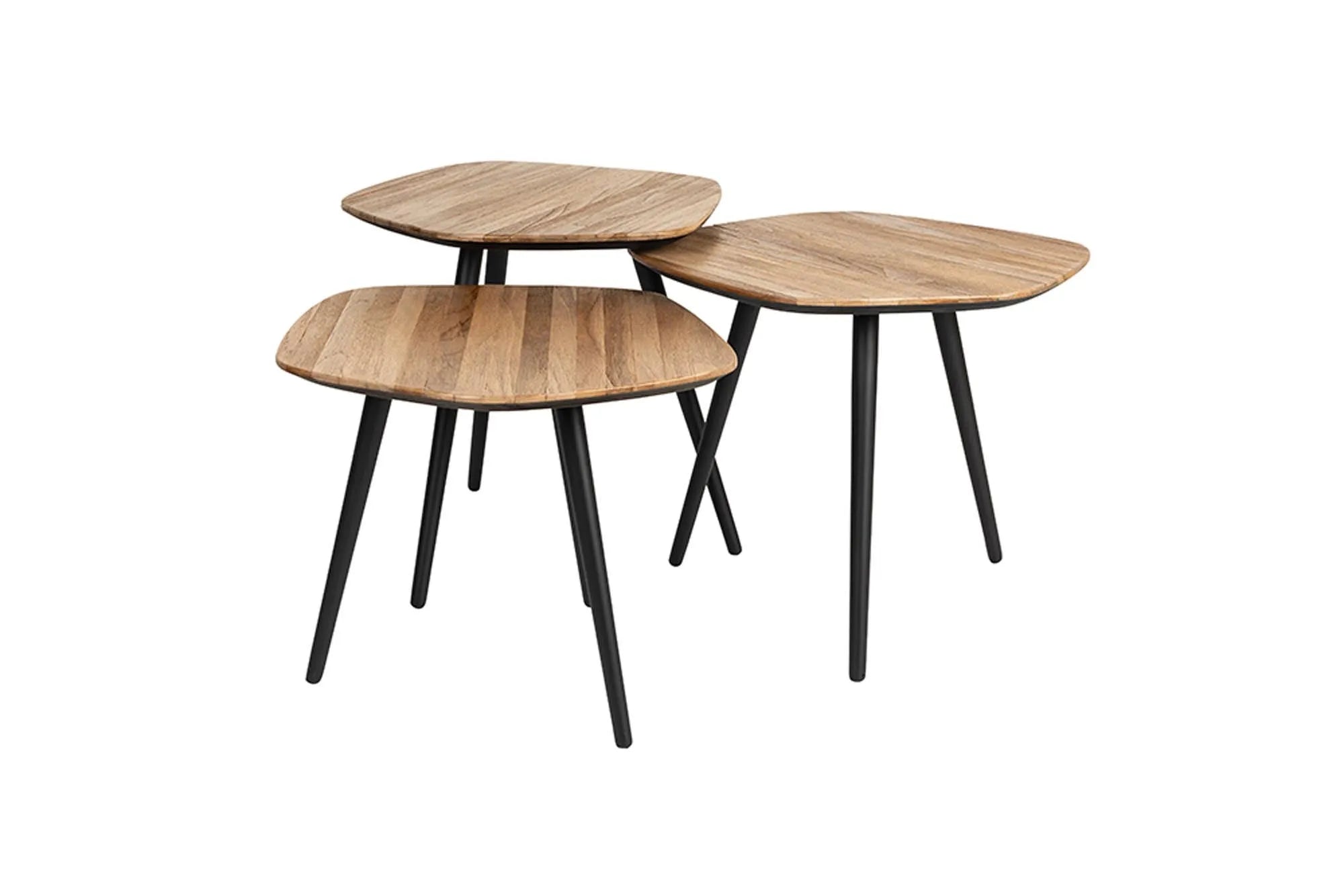 Stilvolle Teakholz-Beistelltische mit Eisenrahmen, flexibel und langlebig, für elegantes Wohnen.