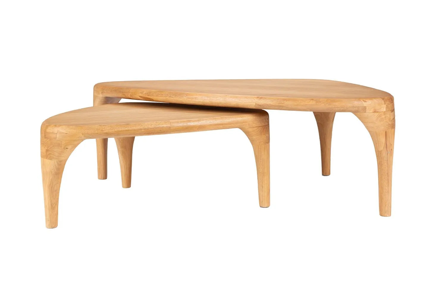 Isla Couchtisch Natur 2er Set: Eleganz aus Gummibaumholz, inspiriert von Inselformationen, handgefertigt in Vietnam.