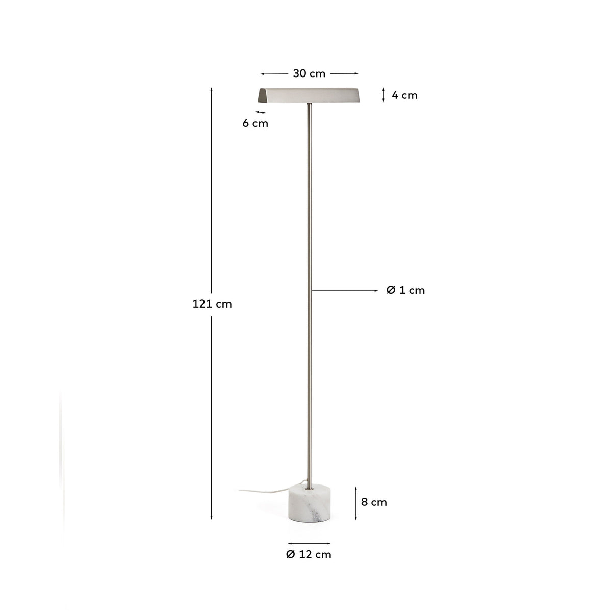 Stehlampe Lynor aus gebürstetem Stahl mit weissem Marmorsockel in Silber präsentiert im Onlineshop von KAQTU Design AG. Stehleuchte ist von Kave Home
